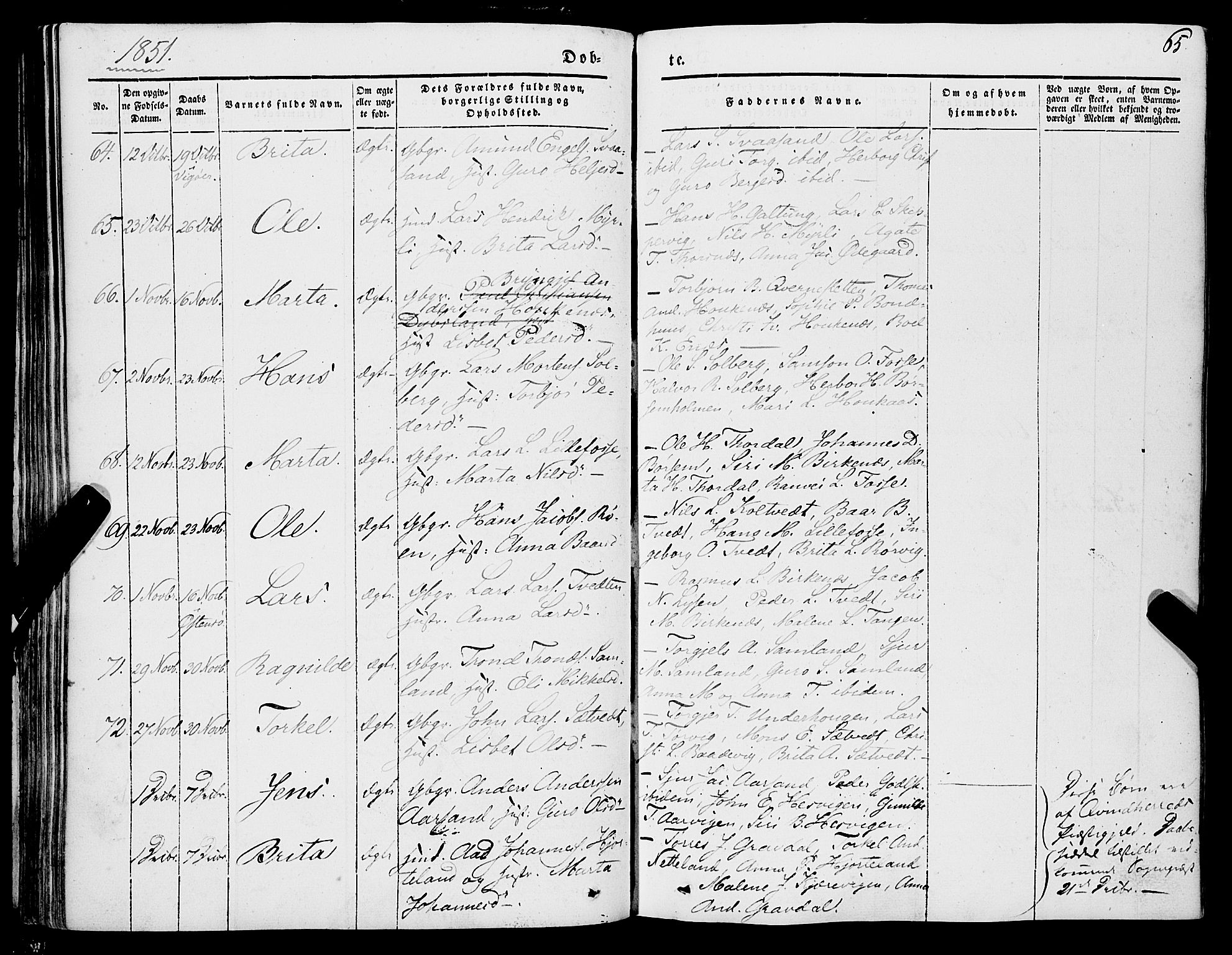 Strandebarm sokneprestembete, AV/SAB-A-78401/H/Haa: Parish register (official) no. A 7, 1844-1872, p. 65