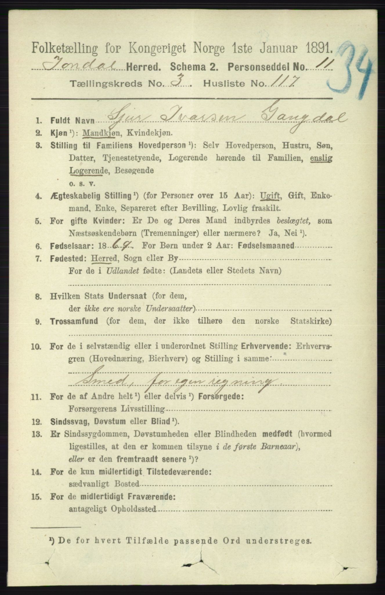 RA, 1891 census for 1227 Jondal, 1891, p. 1989