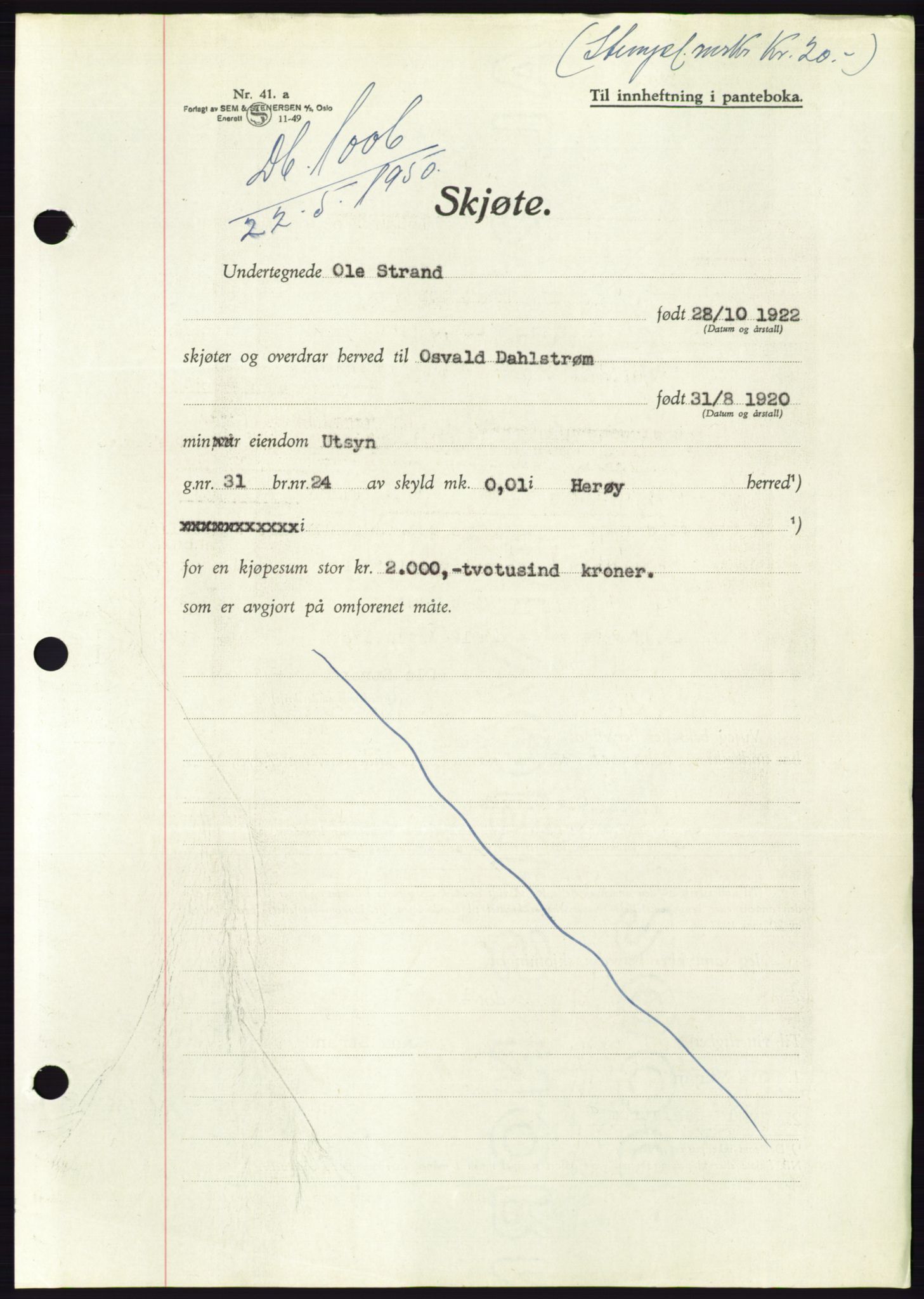 Søre Sunnmøre sorenskriveri, SAT/A-4122/1/2/2C/L0087: Mortgage book no. 13A, 1950-1950, Diary no: : 1006/1950