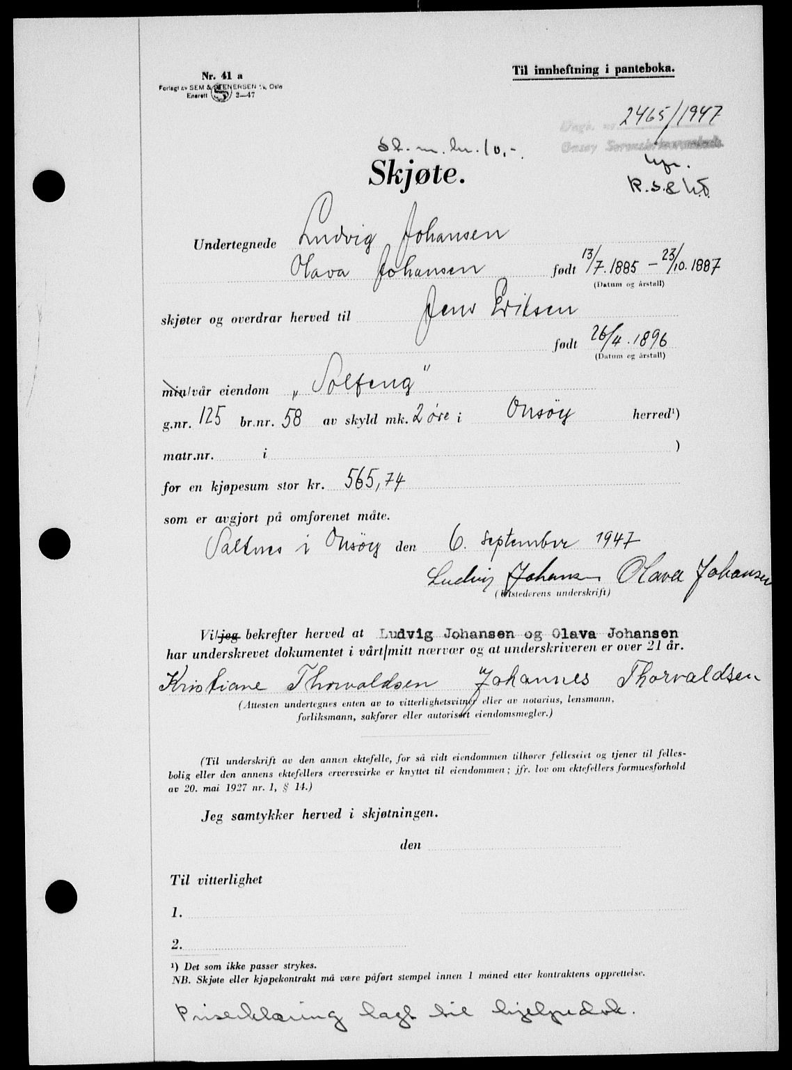 Onsøy sorenskriveri, SAO/A-10474/G/Ga/Gab/L0021: Mortgage book no. II A-21, 1947-1947, Diary no: : 2465/1947