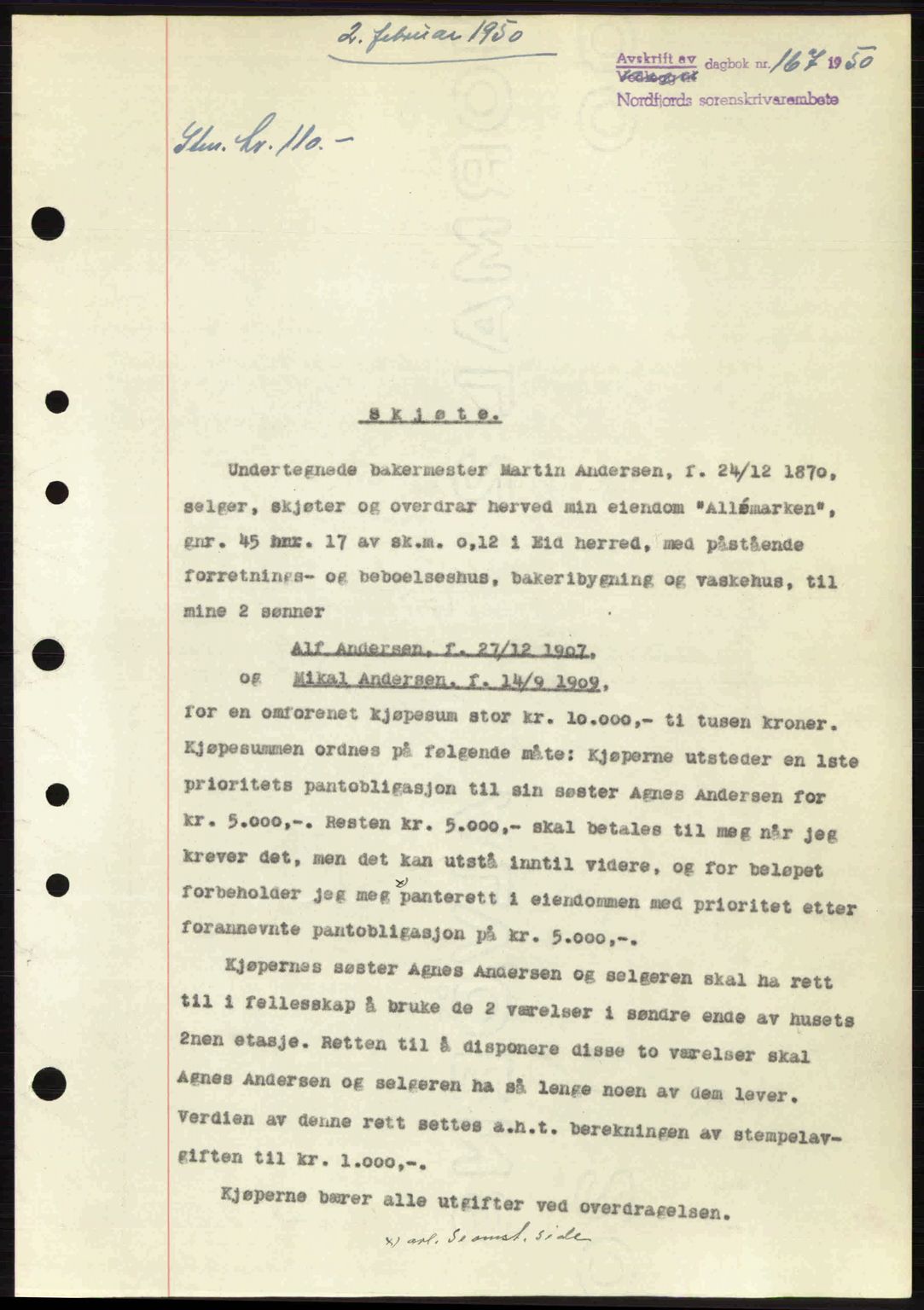 Nordfjord sorenskriveri, SAB/A-2801/02/02b/02bj/L0016a: Mortgage book no. A16 I, 1949-1950, Diary no: : 167/1950