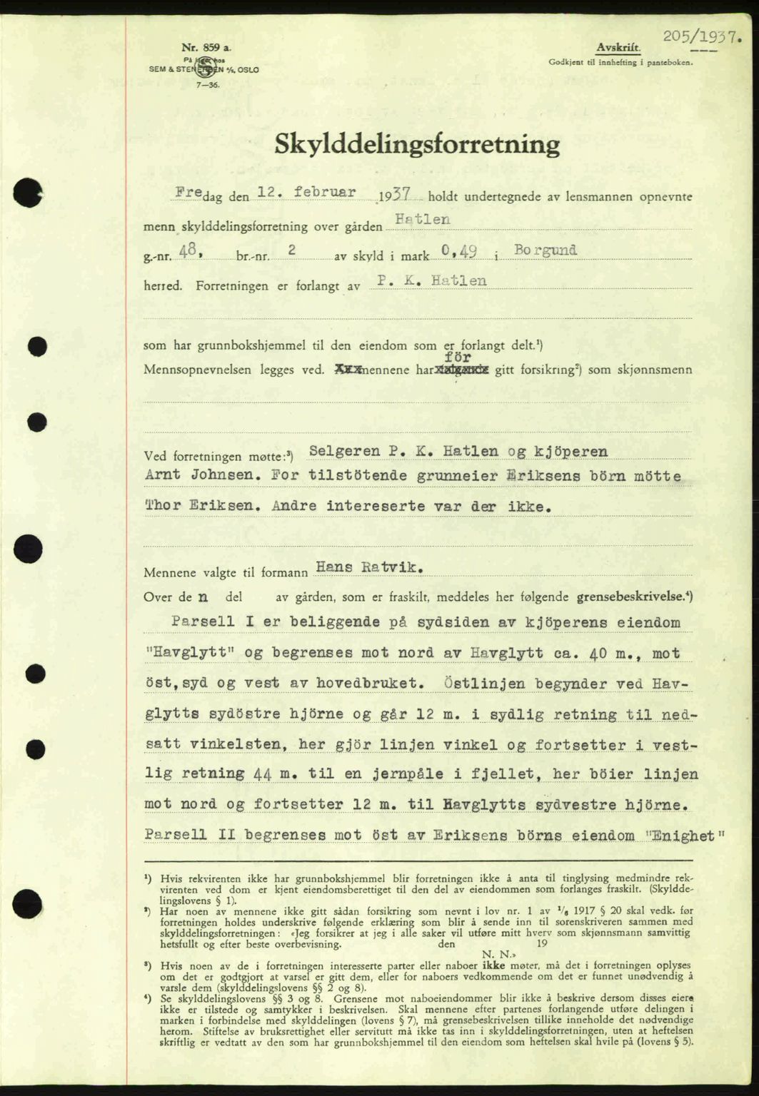 Nordre Sunnmøre sorenskriveri, AV/SAT-A-0006/1/2/2C/2Ca: Mortgage book no. A2, 1936-1937, Diary no: : 205/1937