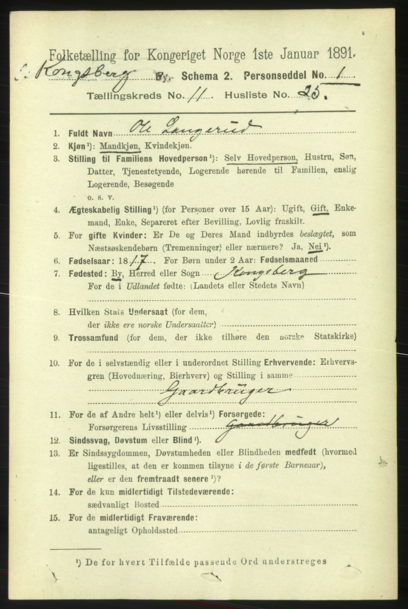 RA, 1891 census for 0604 Kongsberg, 1891, p. 6934