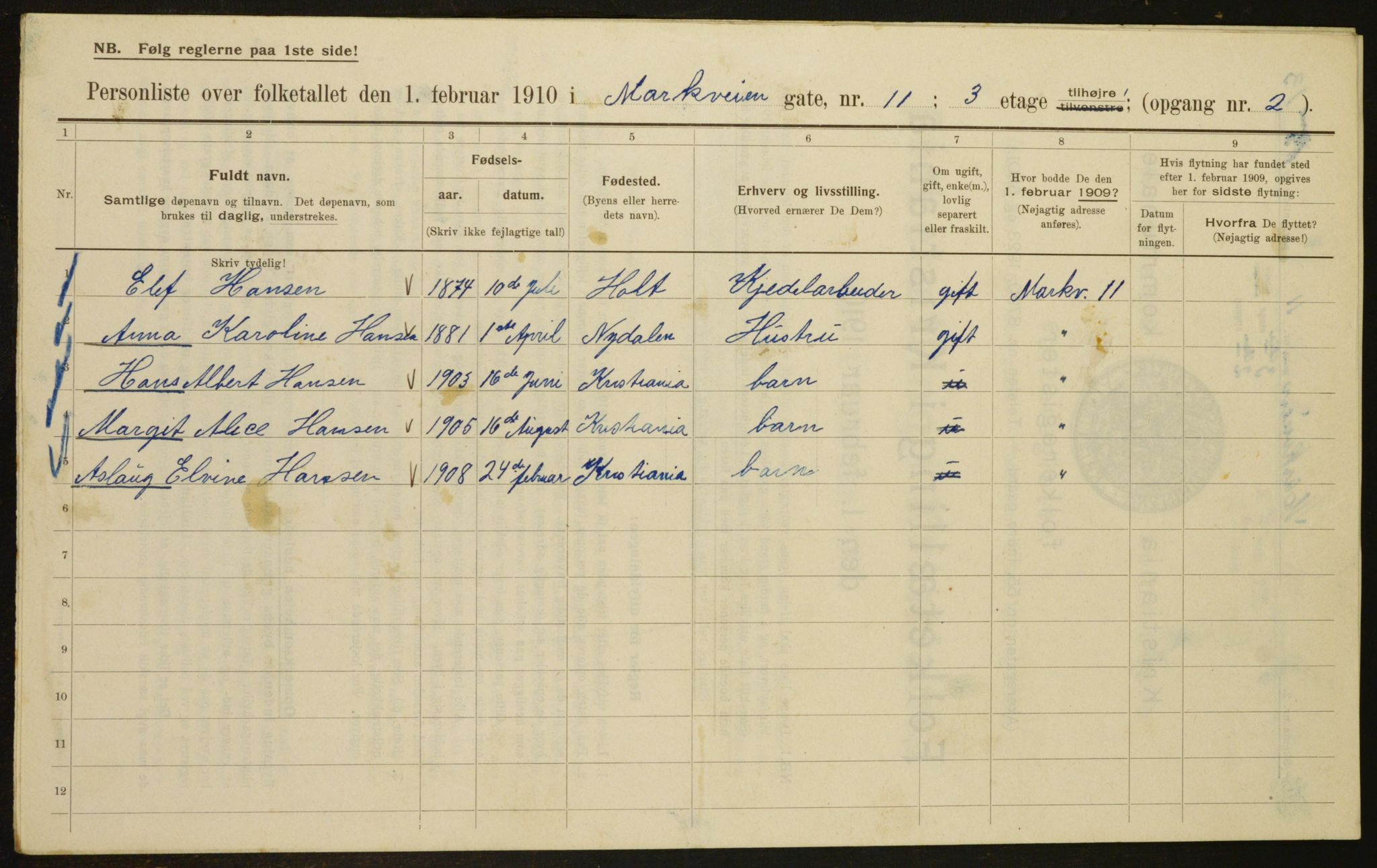 OBA, Municipal Census 1910 for Kristiania, 1910, p. 61158