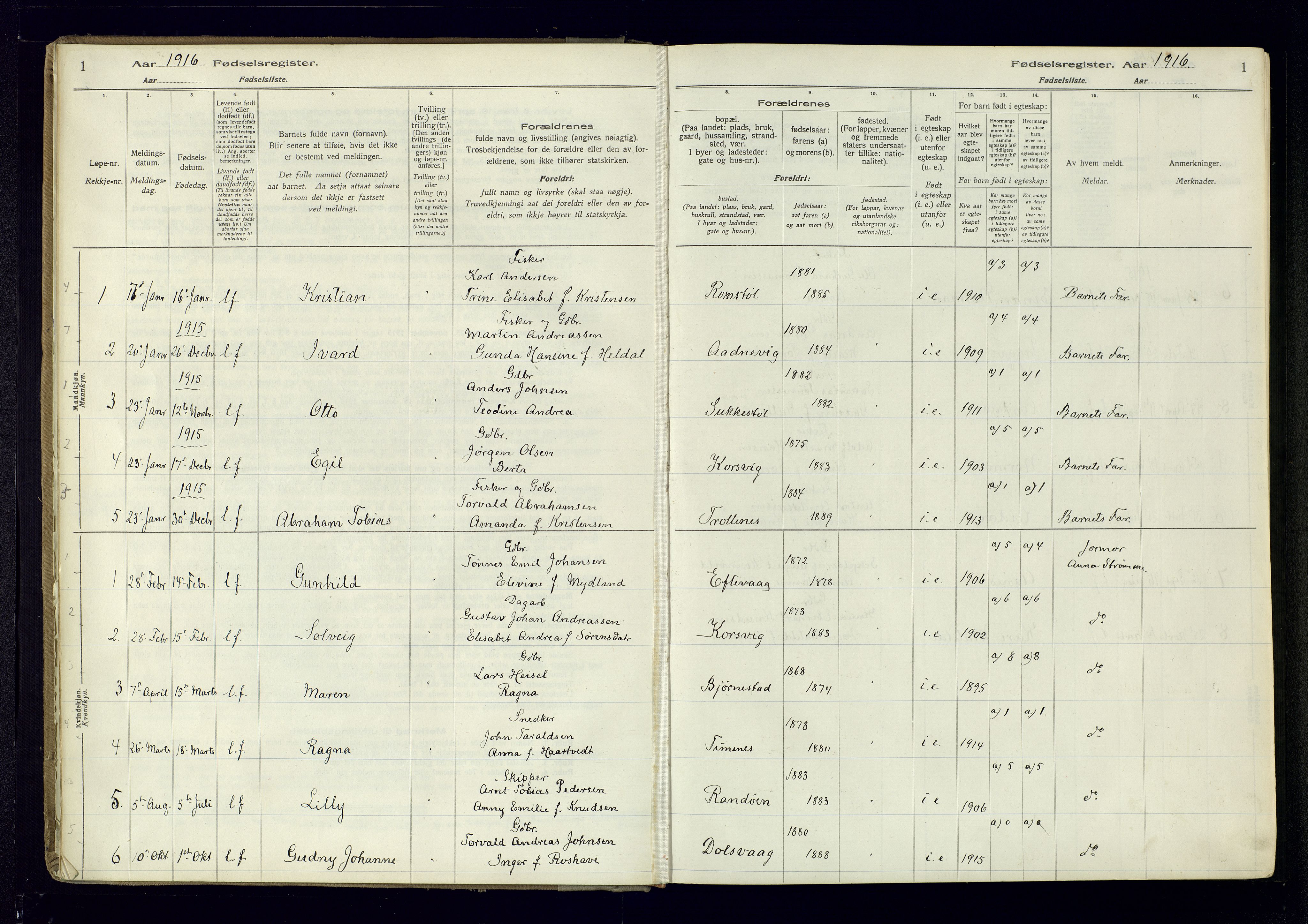 Oddernes sokneprestkontor, SAK/1111-0033/J/Ja/L0007: Birth register no. 7, 1916-1971, p. 1