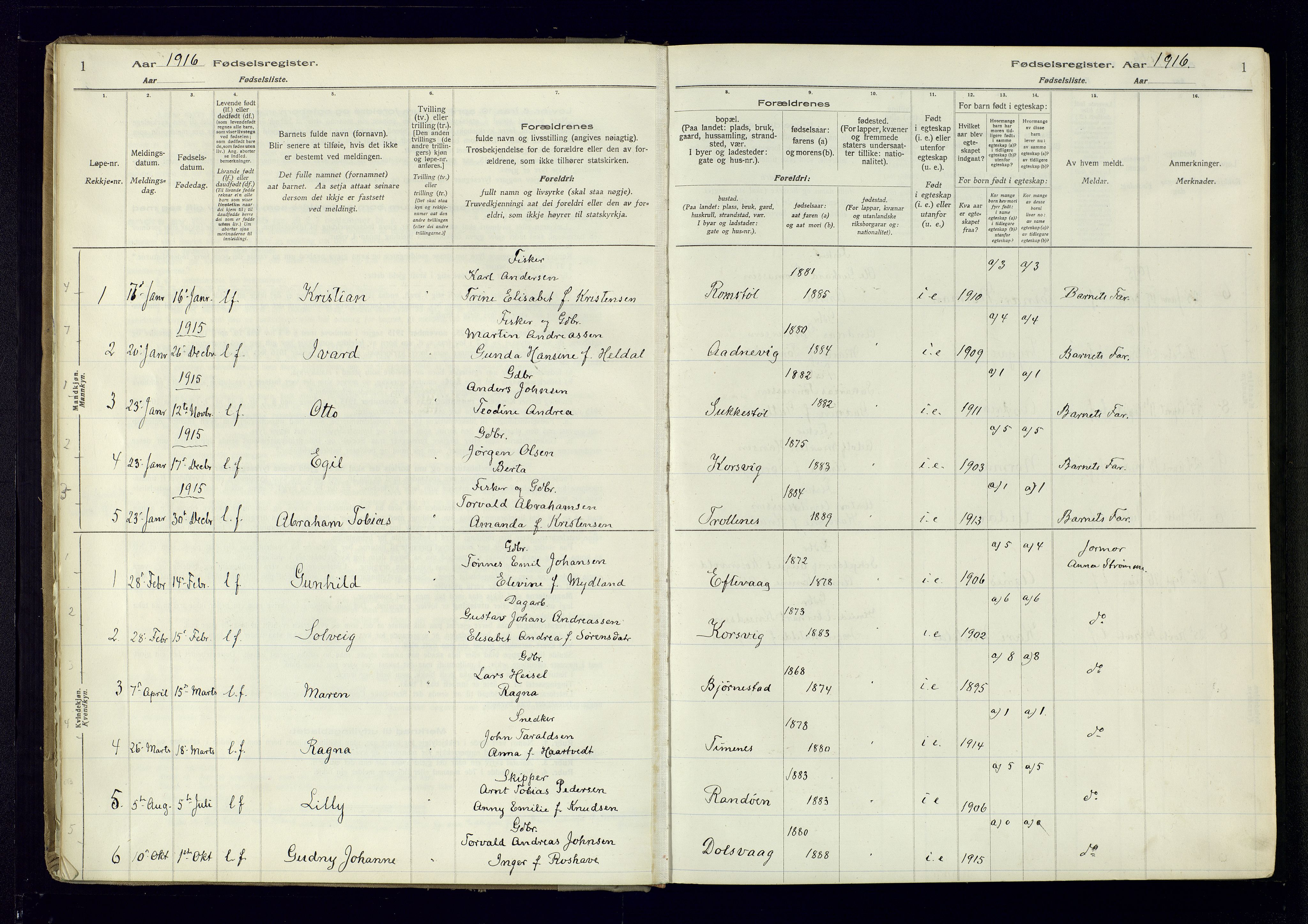 Oddernes sokneprestkontor, AV/SAK-1111-0033/J/Ja/L0007: Birth register no. 7, 1916-1971, p. 1