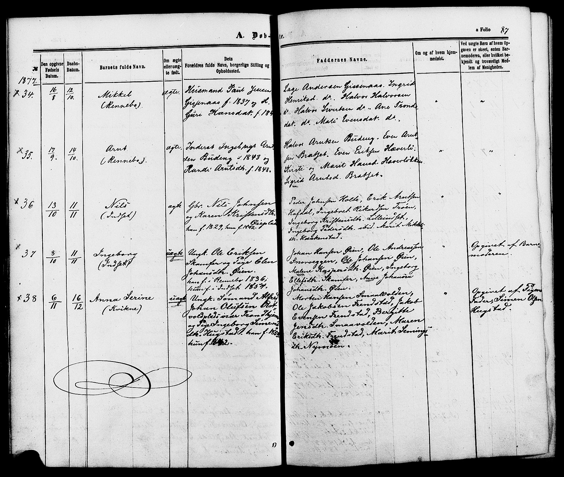 Kvikne prestekontor, AV/SAH-PREST-064/H/Ha/Haa/L0006: Parish register (official) no. 6, 1863-1886, p. 87