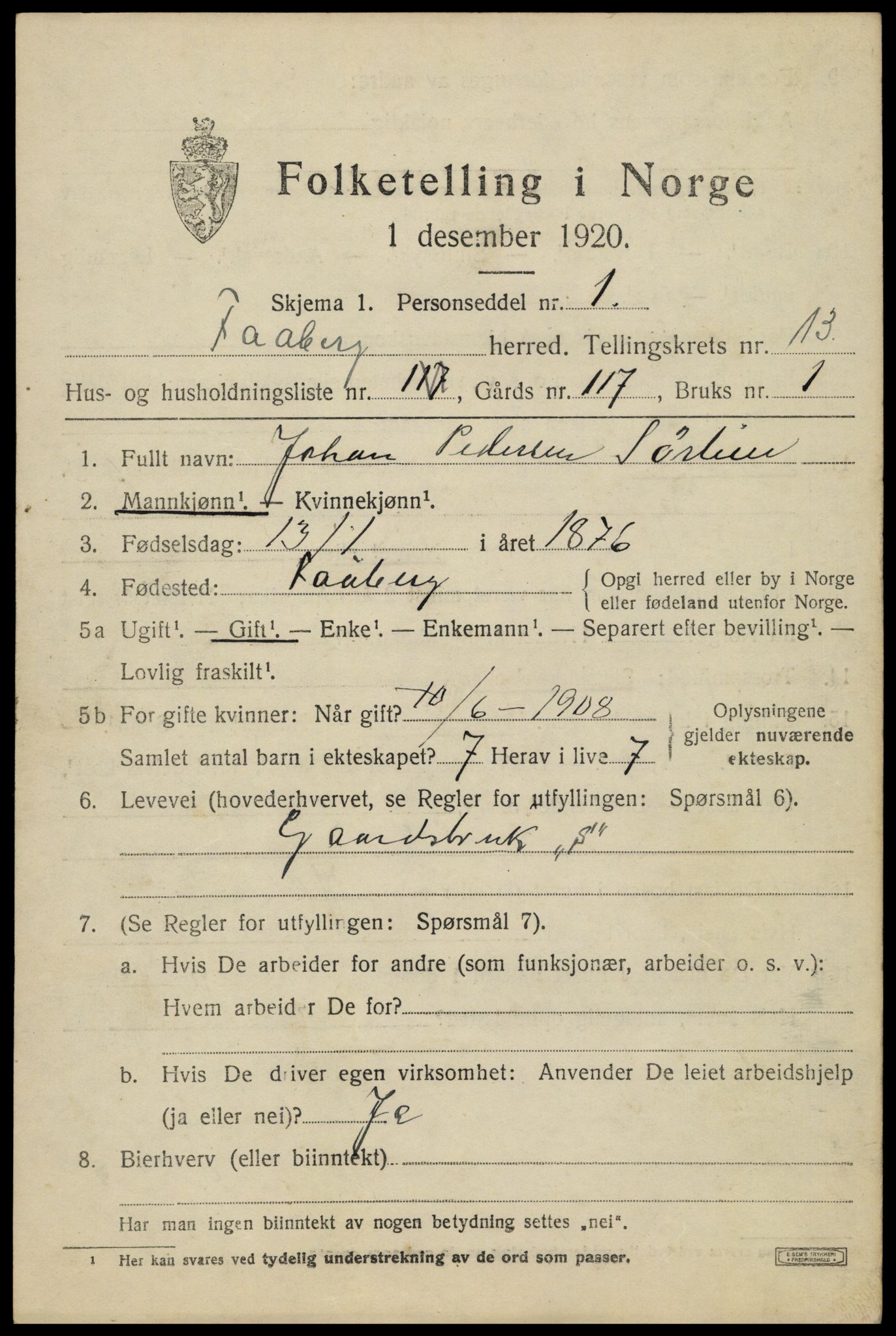 SAH, 1920 census for Fåberg, 1920, p. 13870