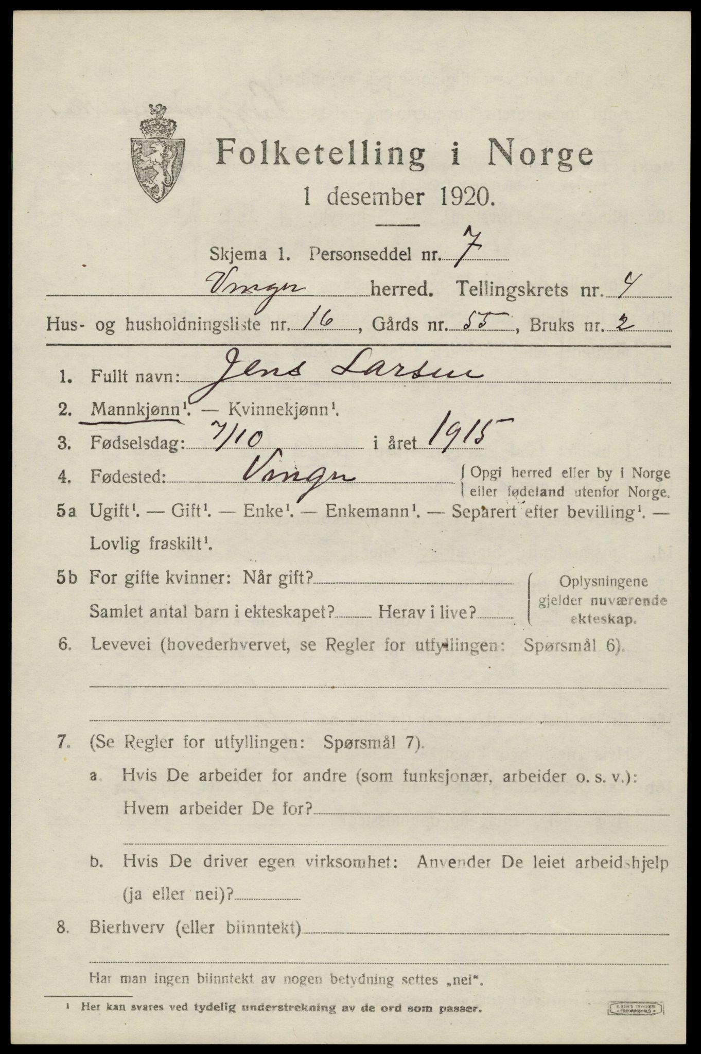 SAH, 1920 census for Vinger, 1920, p. 5430