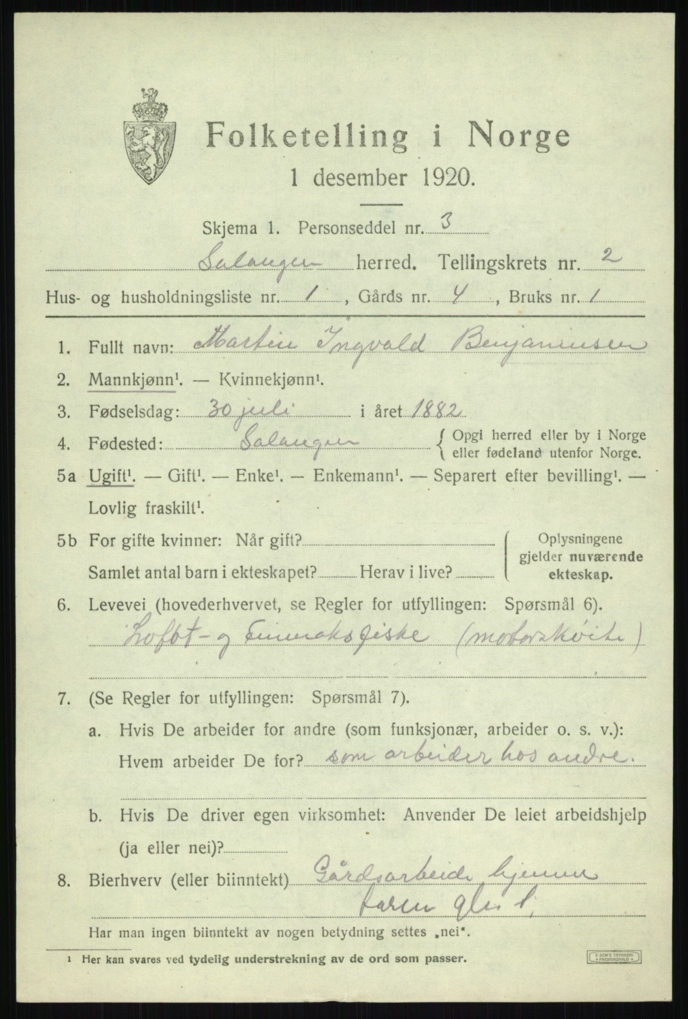 SATØ, 1920 census for Salangen, 1920, p. 1166