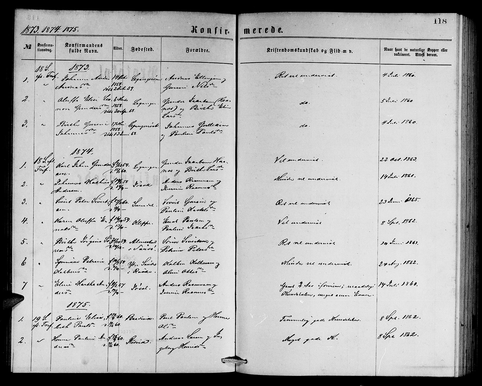 Ministerialprotokoller, klokkerbøker og fødselsregistre - Møre og Romsdal, AV/SAT-A-1454/508/L0094: Parish register (official) no. 508A01, 1873-1886, p. 118