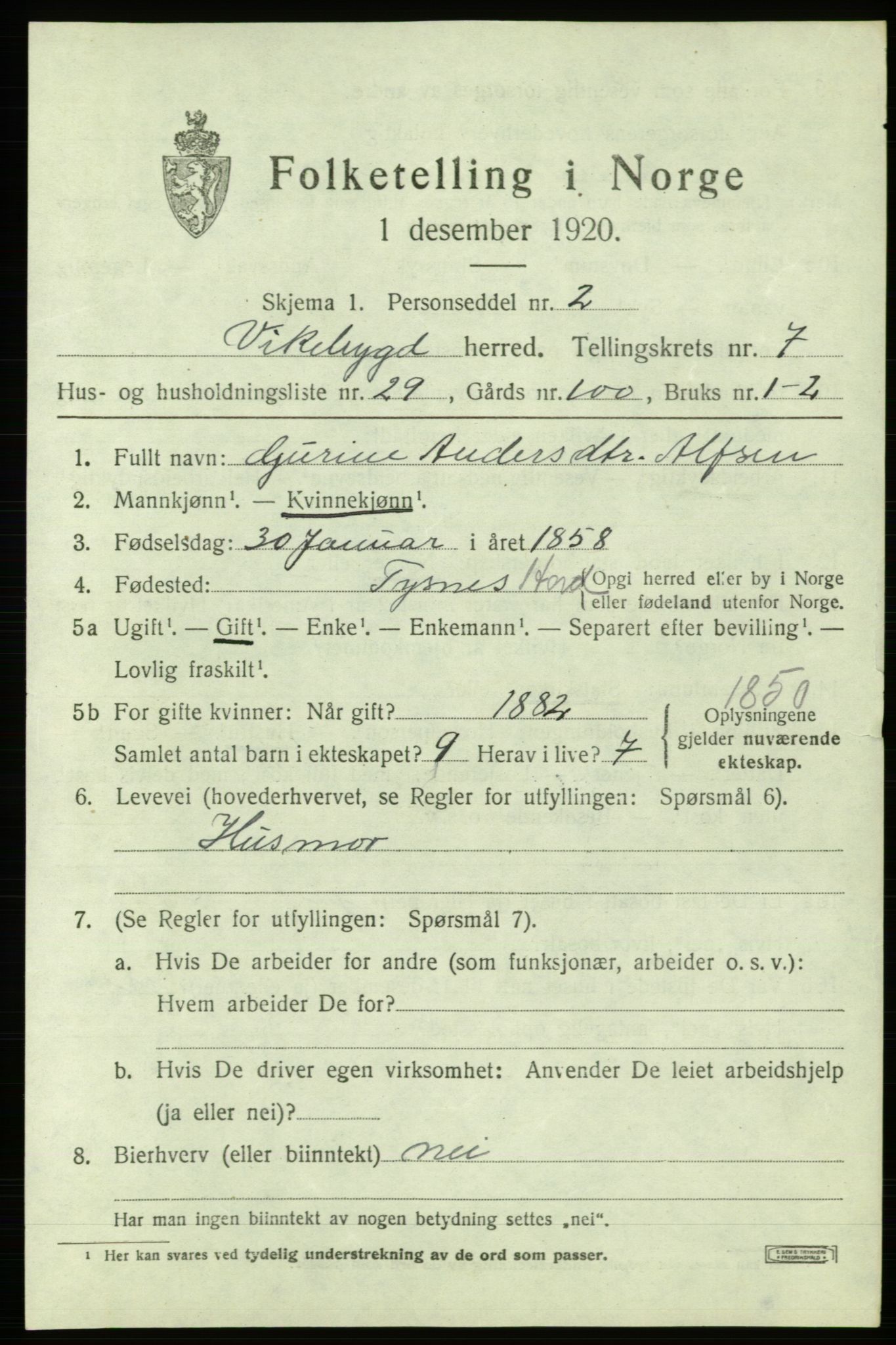 SAB, 1920 census for Vikebygd, 1920, p. 2659