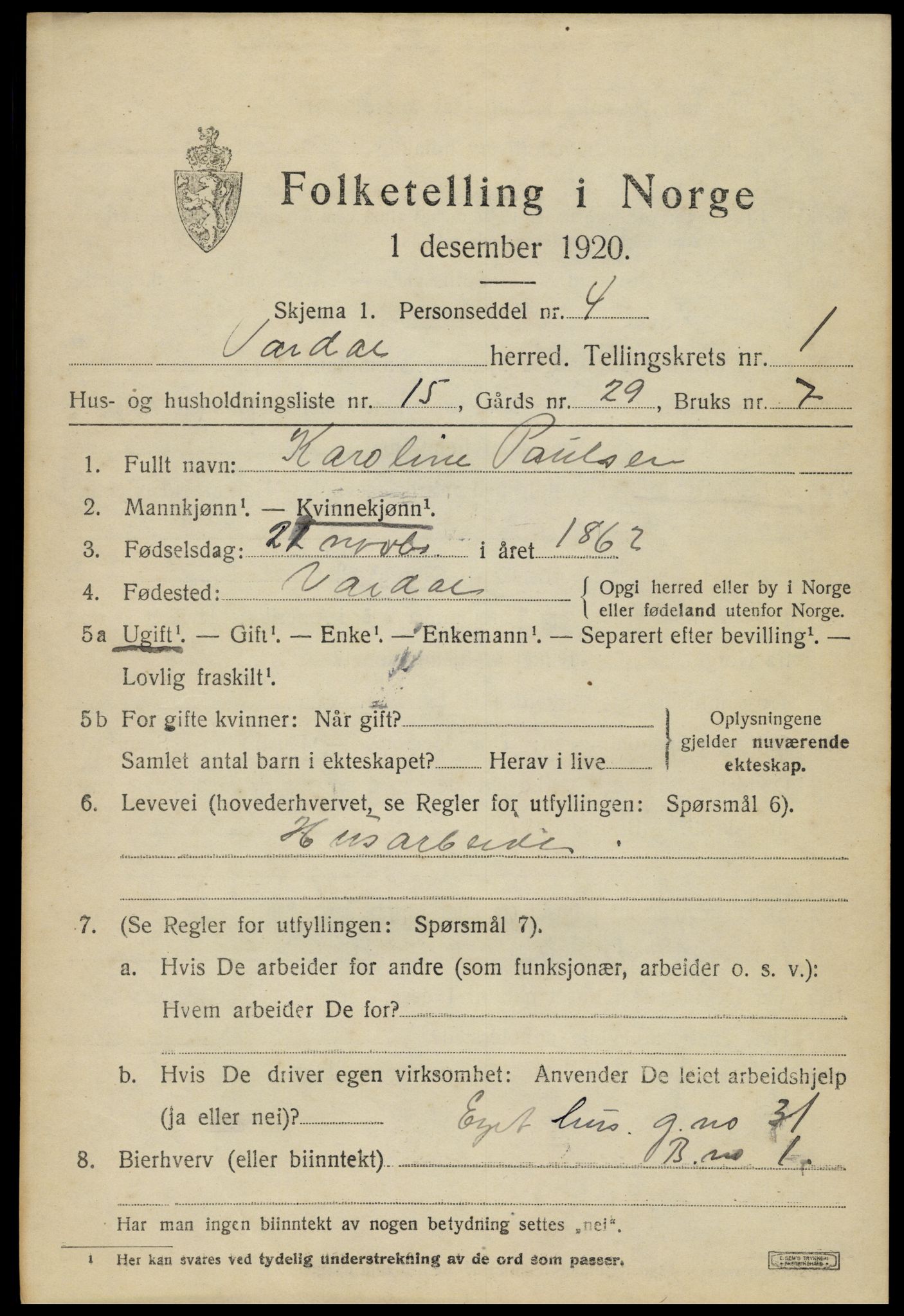 SAH, 1920 census for Vardal, 1920, p. 2107