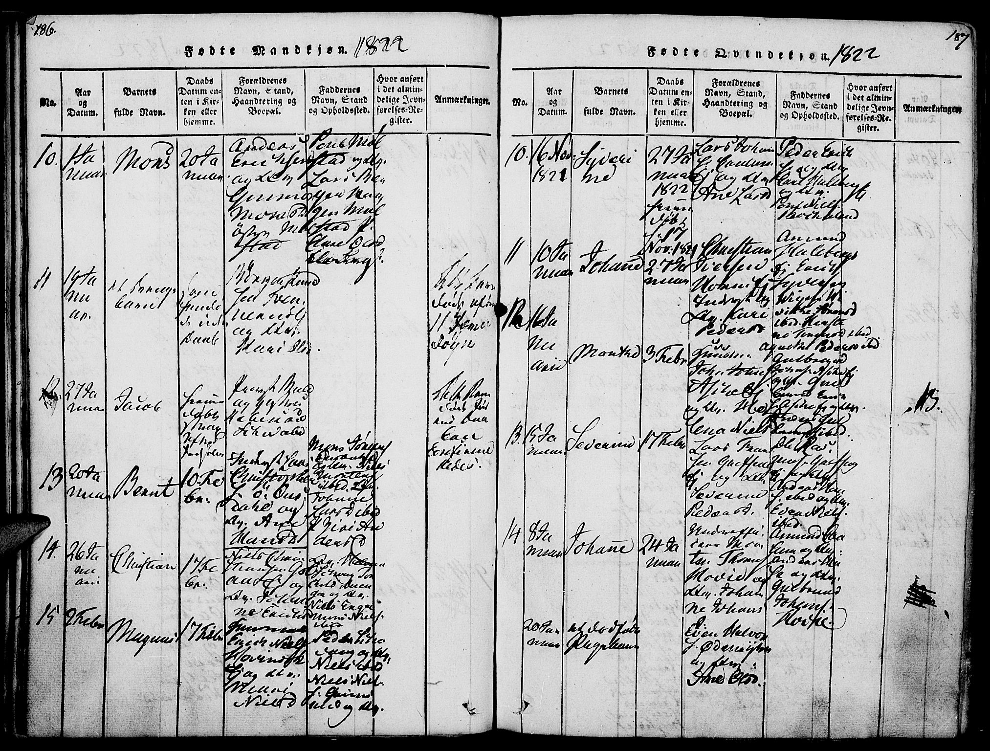 Nes prestekontor, Hedmark, AV/SAH-PREST-020/K/Ka/L0002: Parish register (official) no. 2, 1813-1827, p. 186-187