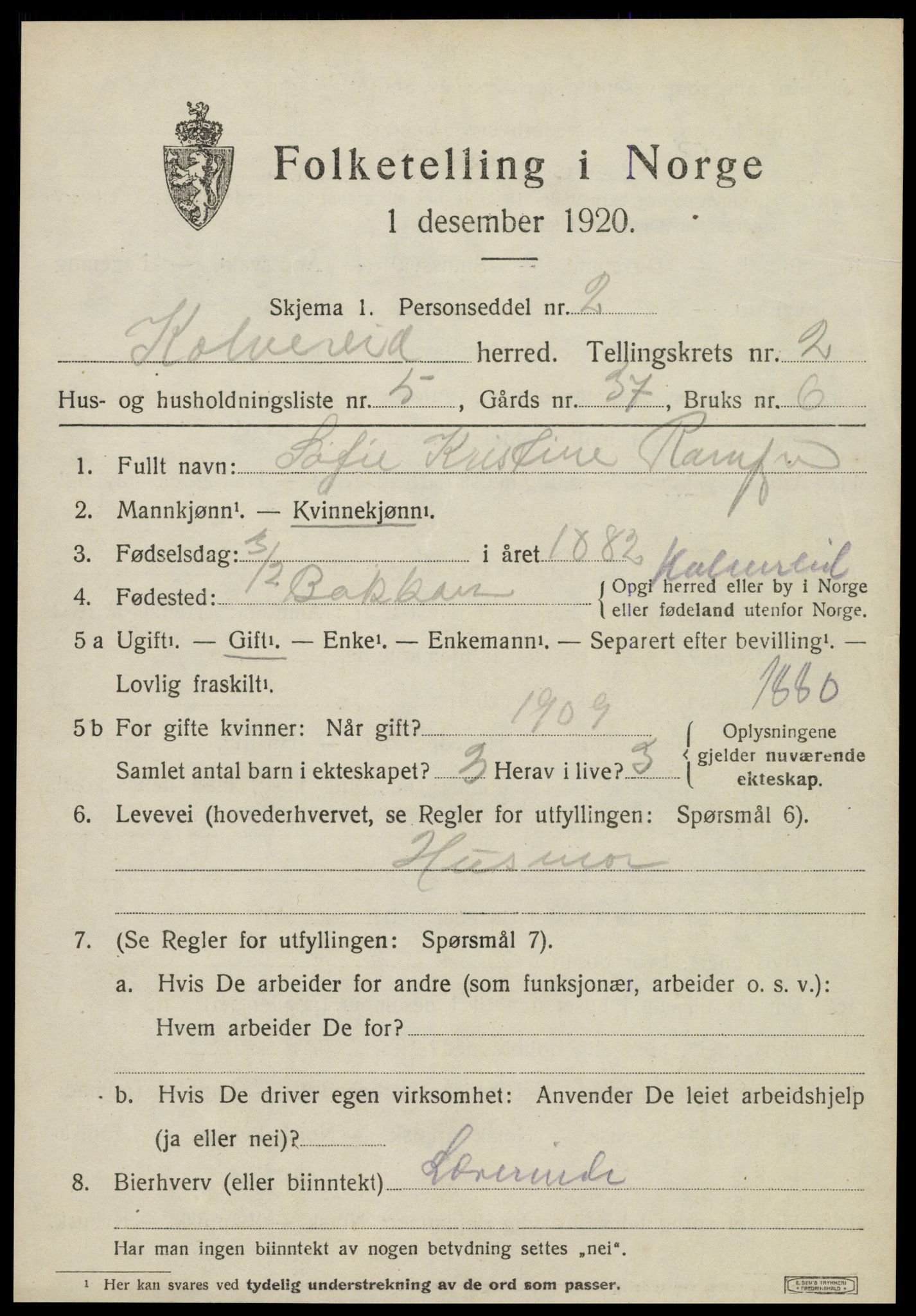 SAT, 1920 census for Kolvereid, 1920, p. 1545