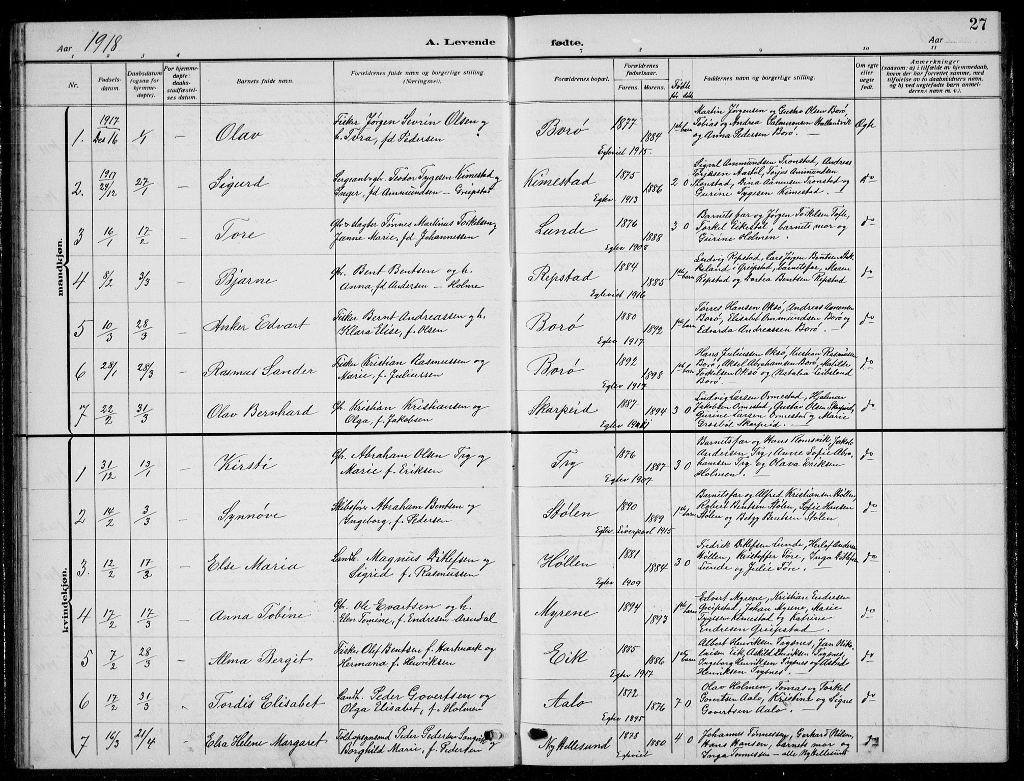Søgne sokneprestkontor, SAK/1111-0037/F/Fb/Fbb/L0007: Parish register (copy) no. B 7, 1912-1931, p. 27