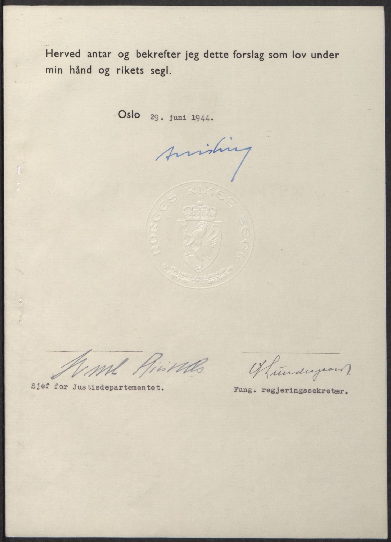 NS-administrasjonen 1940-1945 (Statsrådsekretariatet, de kommisariske statsråder mm), AV/RA-S-4279/D/Db/L0100: Lover, 1944, p. 325