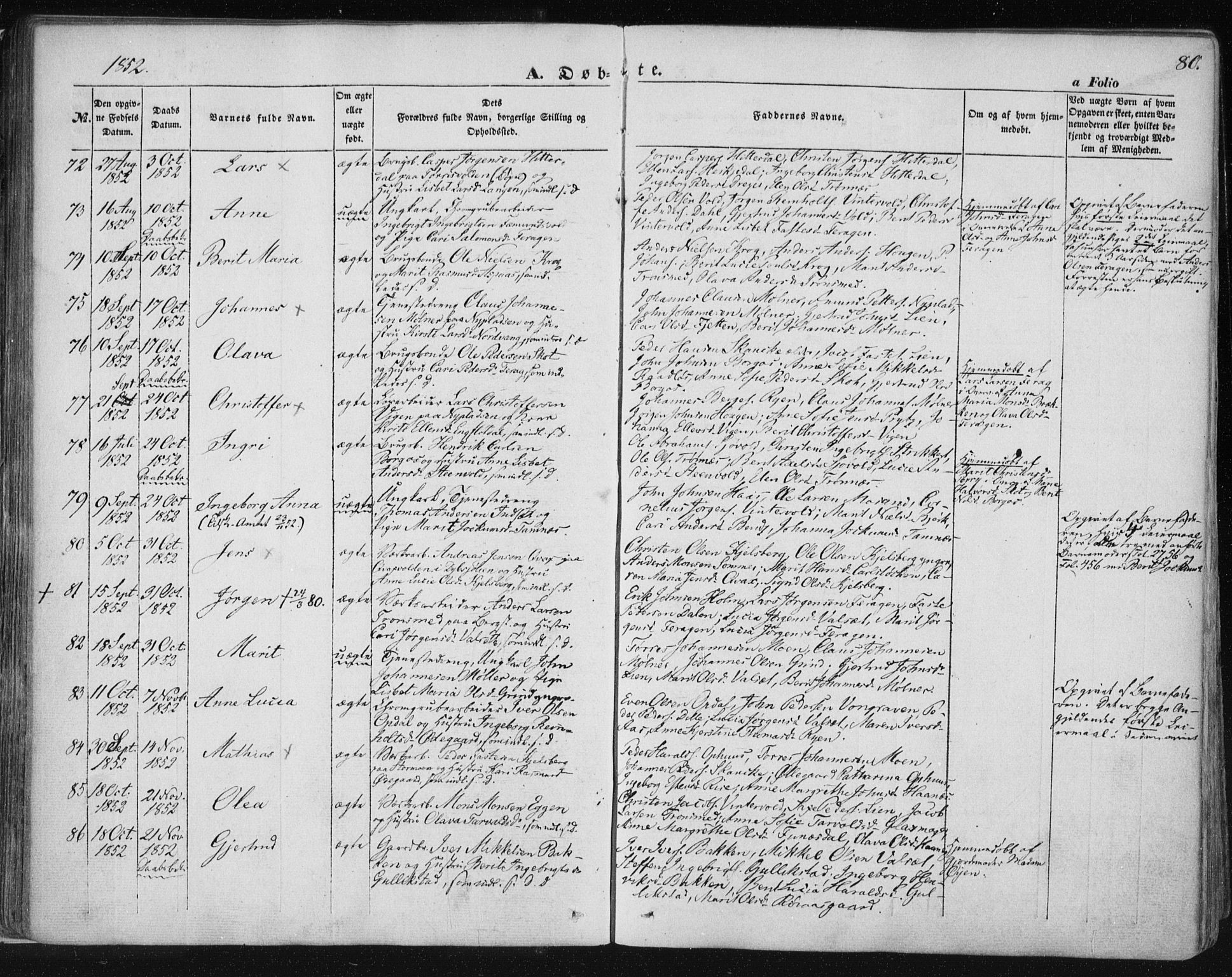 Ministerialprotokoller, klokkerbøker og fødselsregistre - Sør-Trøndelag, SAT/A-1456/681/L0931: Parish register (official) no. 681A09, 1845-1859, p. 80