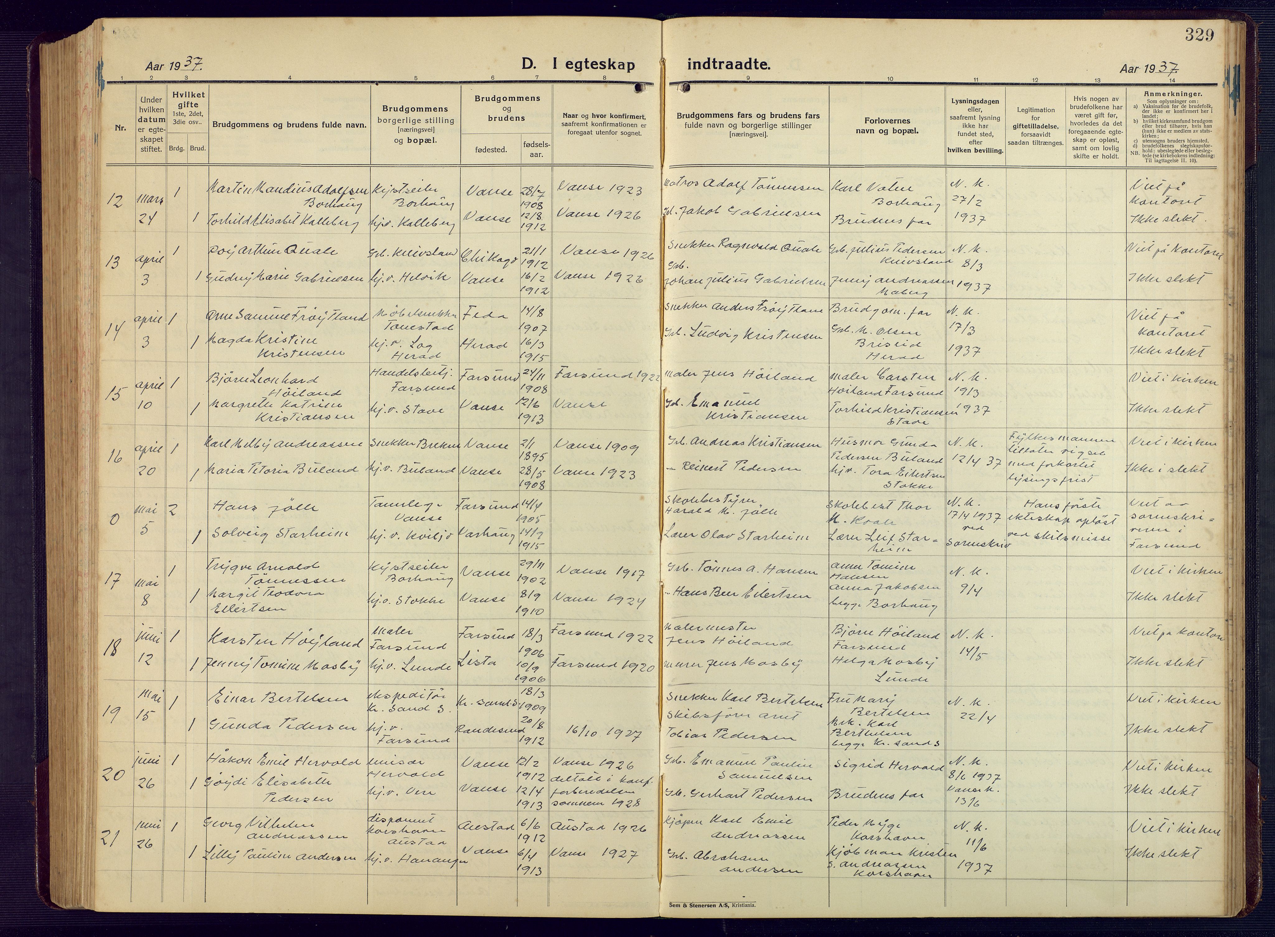 Lista sokneprestkontor, AV/SAK-1111-0027/F/Fb/L0006: Parish register (copy) no. B 6, 1924-1947, p. 329