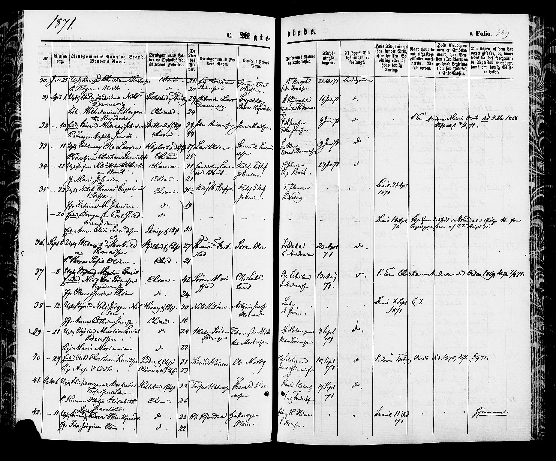 Kristiansand domprosti, SAK/1112-0006/F/Fa/L0015: Parish register (official) no. A 15, 1867-1880, p. 389