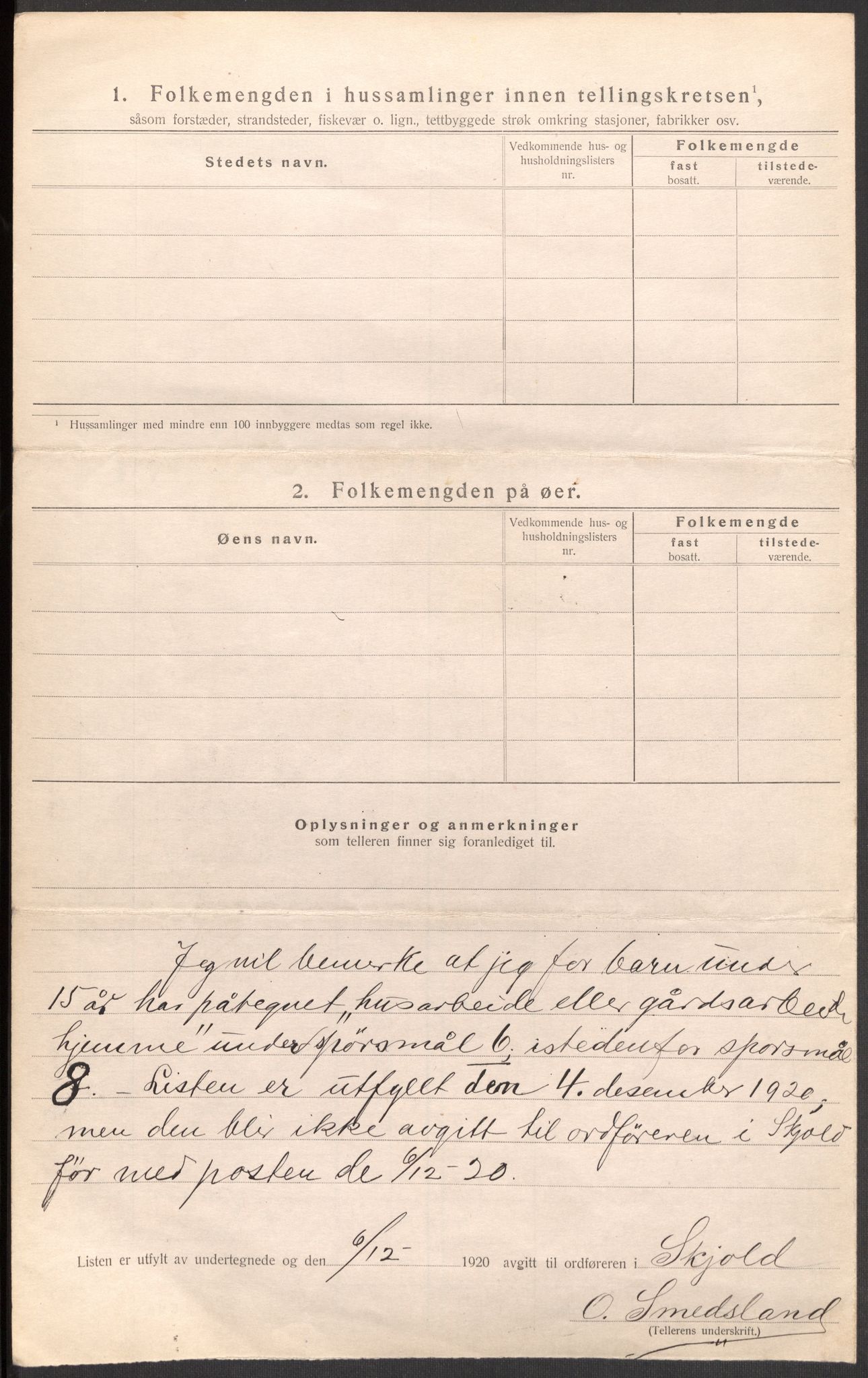 SAST, 1920 census for Skjold, 1920, p. 15