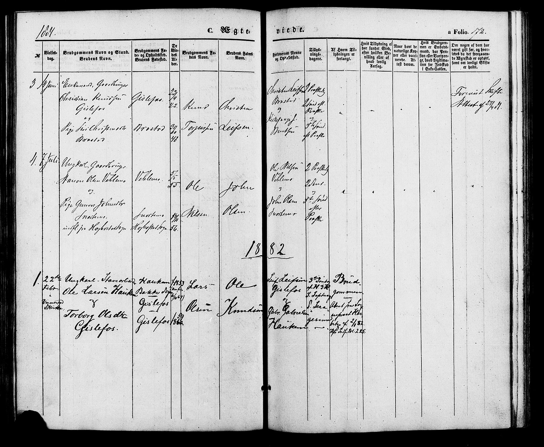 Nord-Audnedal sokneprestkontor, SAK/1111-0032/F/Fa/Faa/L0002: Parish register (official) no. A 2, 1857-1882, p. 172