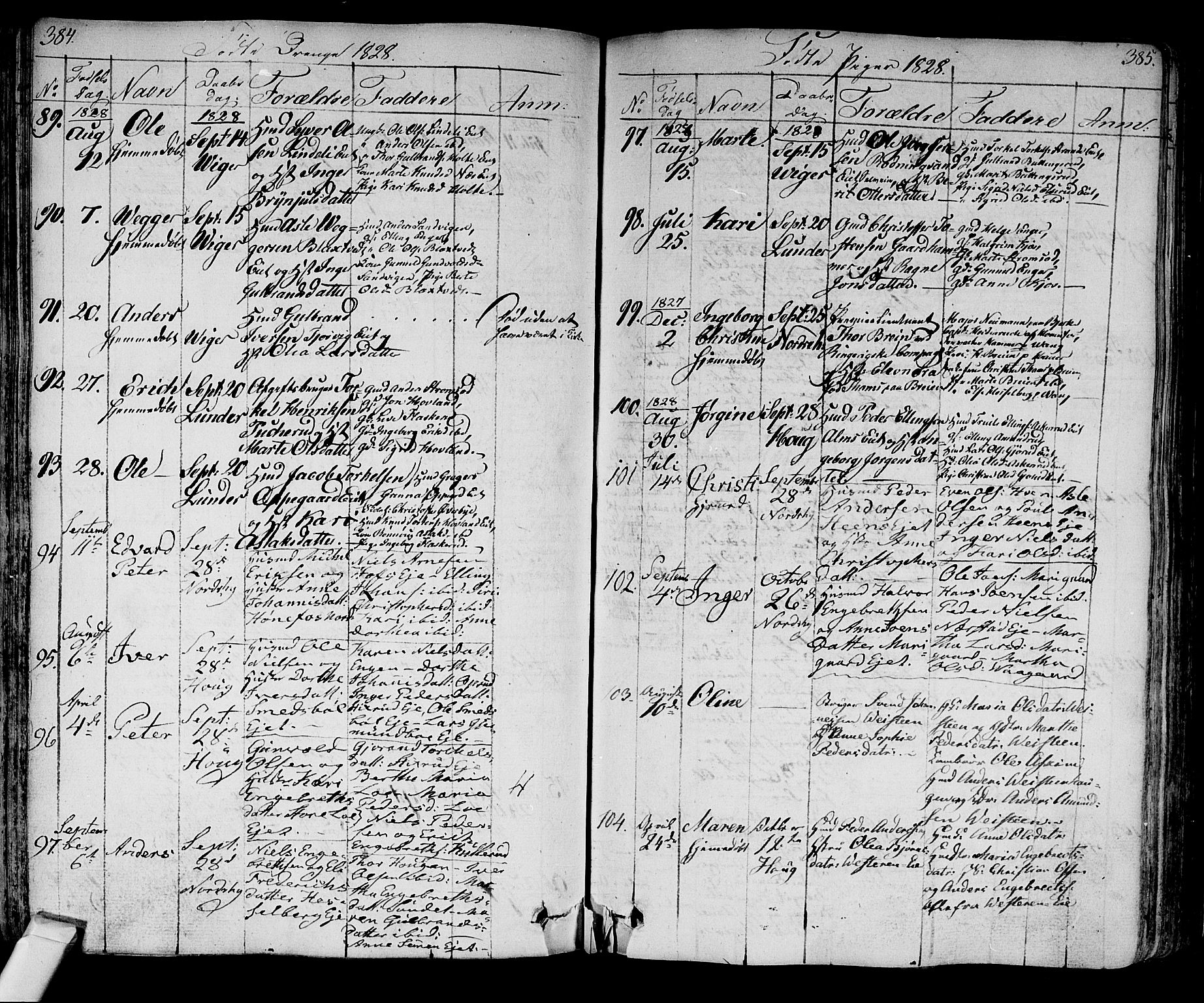 Norderhov kirkebøker, AV/SAKO-A-237/F/Fa/L0009: Parish register (official) no. 9, 1819-1837, p. 384-385