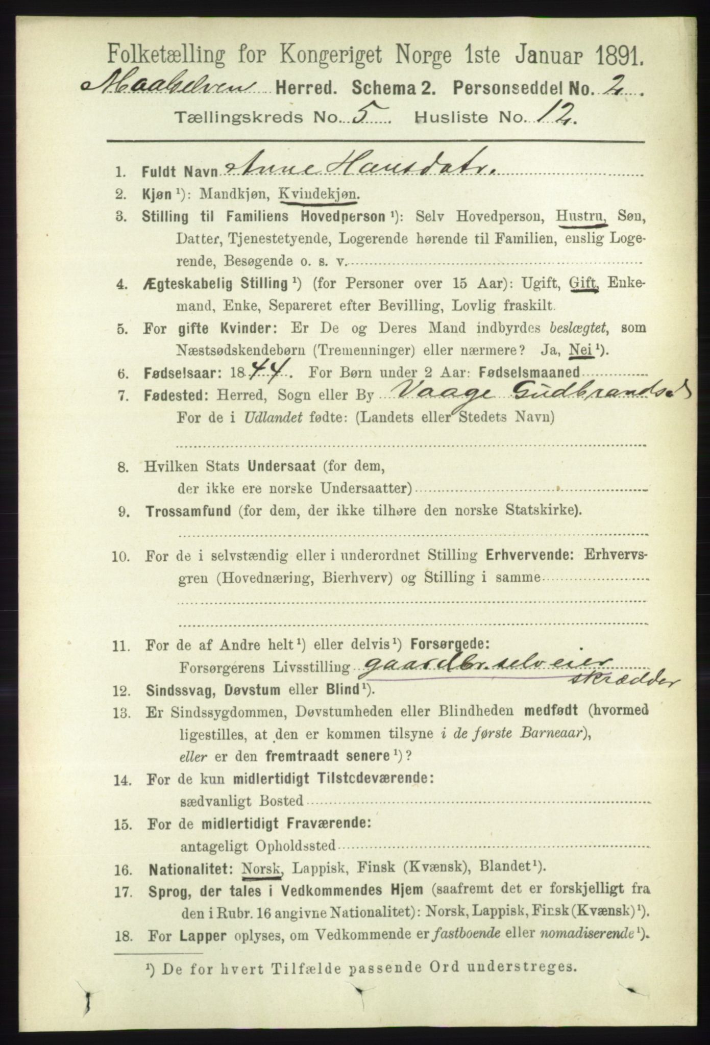 RA, 1891 census for 1924 Målselv, 1891, p. 1705