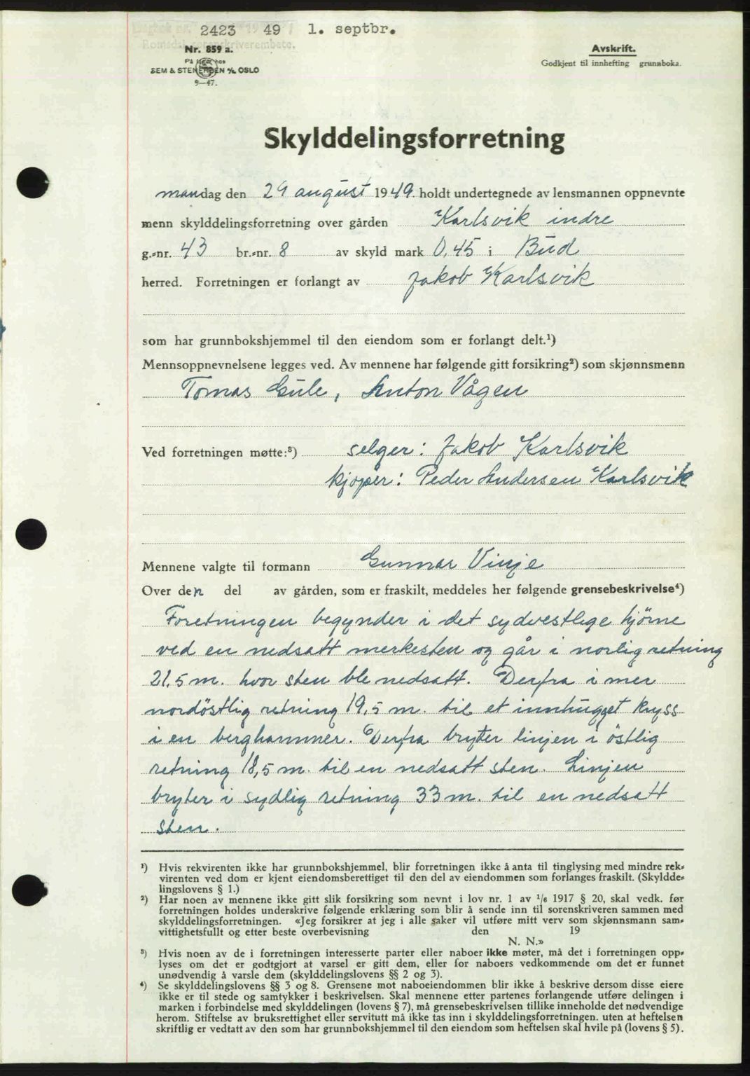 Romsdal sorenskriveri, AV/SAT-A-4149/1/2/2C: Mortgage book no. A30, 1949-1949, Diary no: : 2423/1949