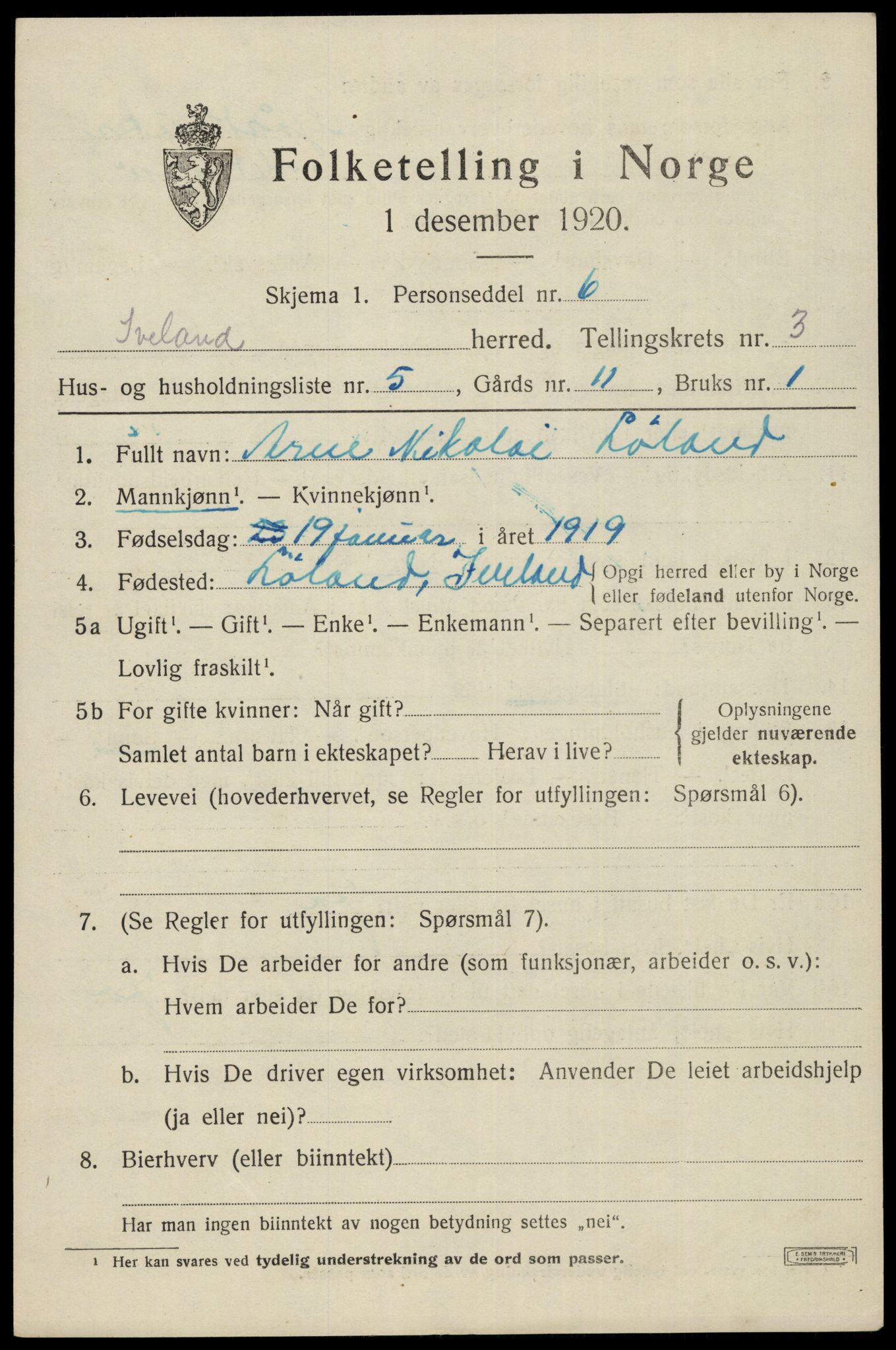 SAK, 1920 census for Iveland, 1920, p. 977