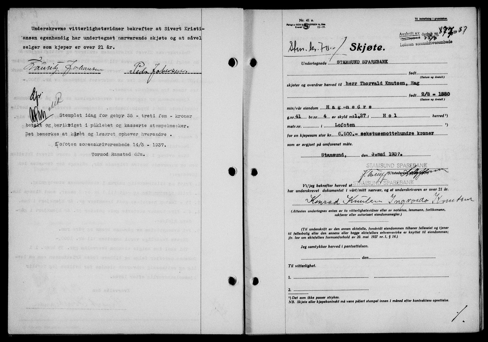 Lofoten sorenskriveri, SAT/A-0017/1/2/2C/L0002a: Mortgage book no. 2a, 1937-1937, Diary no: : 877/1937