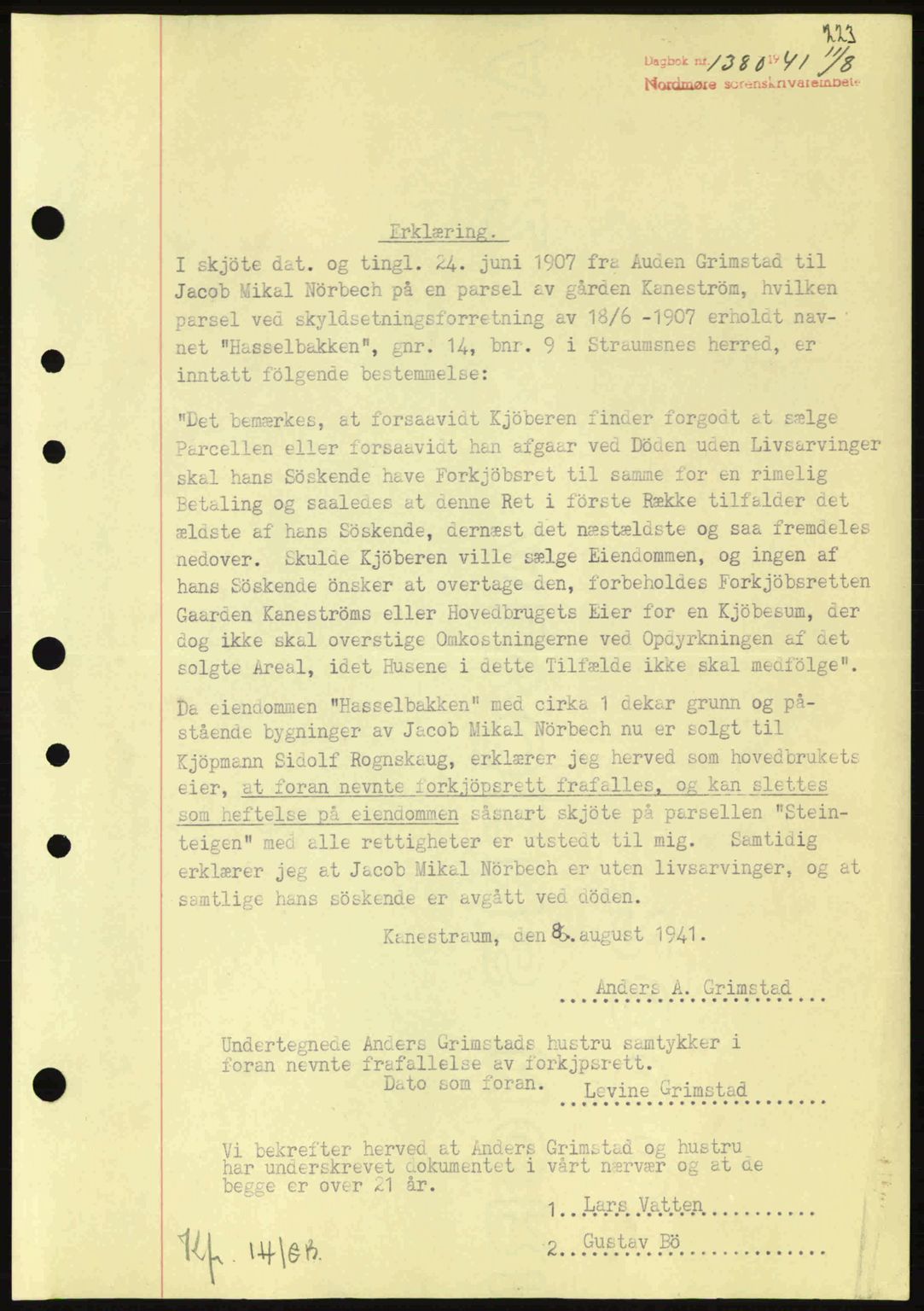 Nordmøre sorenskriveri, AV/SAT-A-4132/1/2/2Ca: Mortgage book no. B88, 1941-1942, Diary no: : 1380/1941