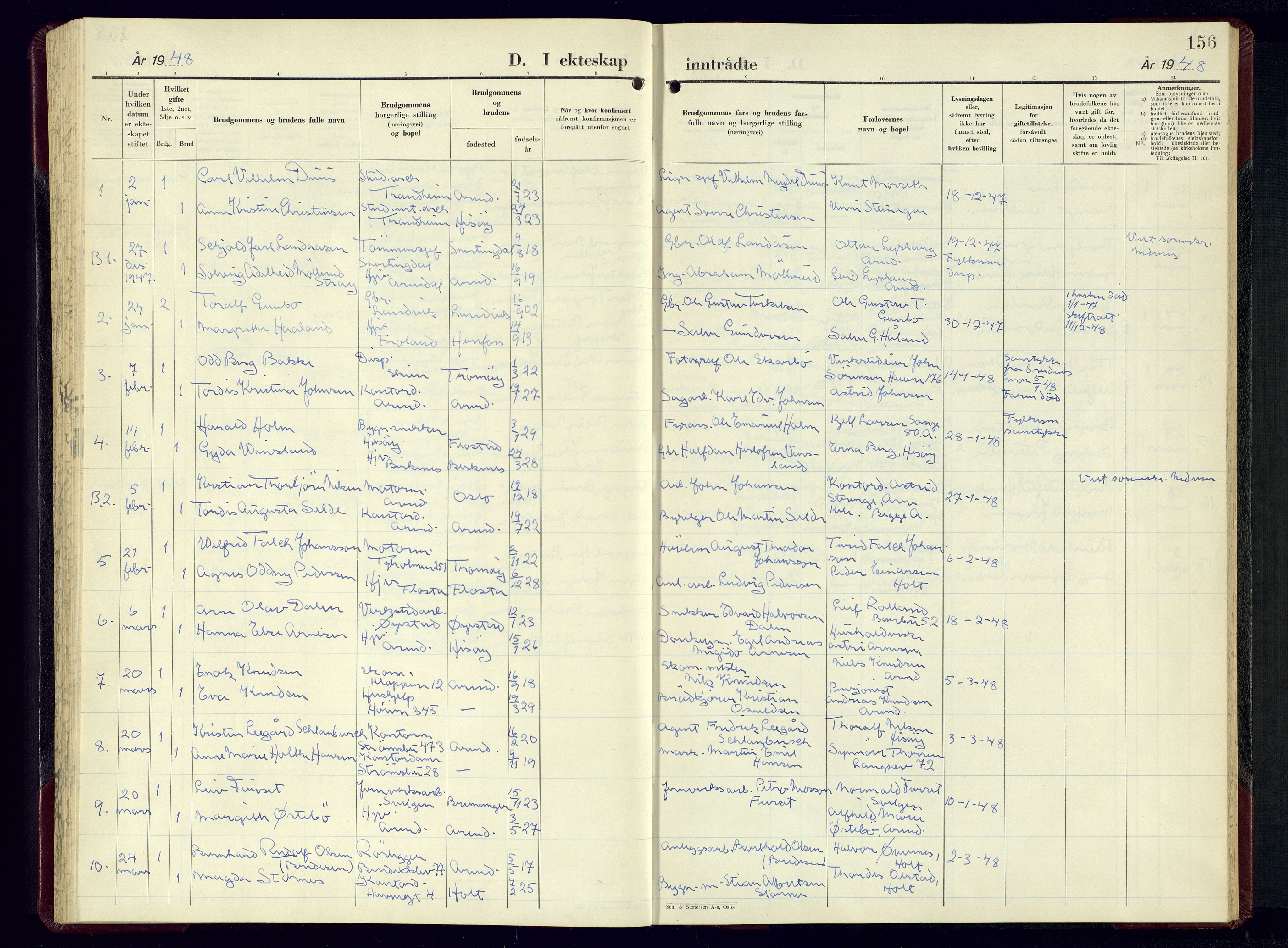 Arendal sokneprestkontor, Trefoldighet, SAK/1111-0040/F/Fb/L0010: Parish register (copy) no. B-10, 1949-1960, p. 156