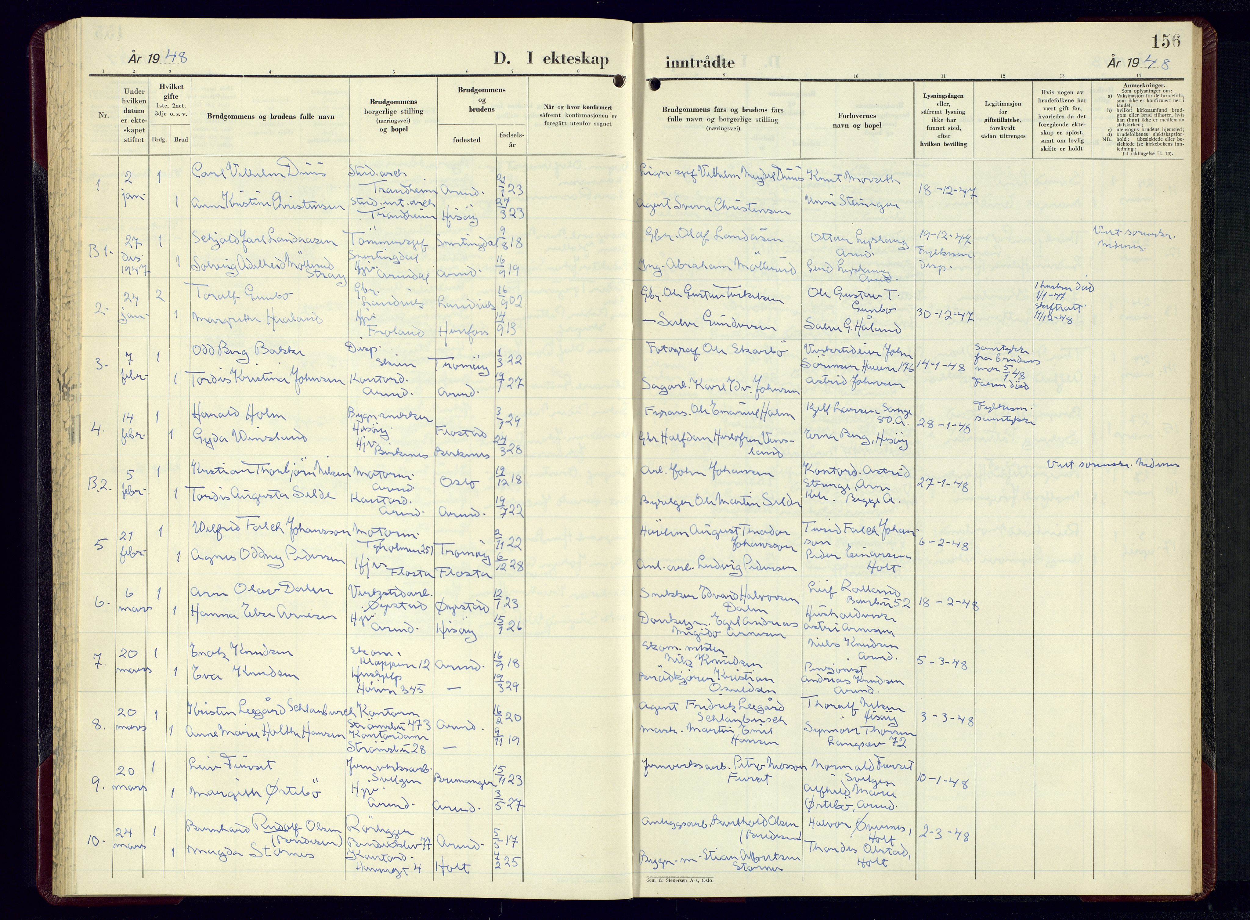 Arendal sokneprestkontor, Trefoldighet, AV/SAK-1111-0040/F/Fb/L0010: Parish register (copy) no. B-10, 1949-1960, p. 156