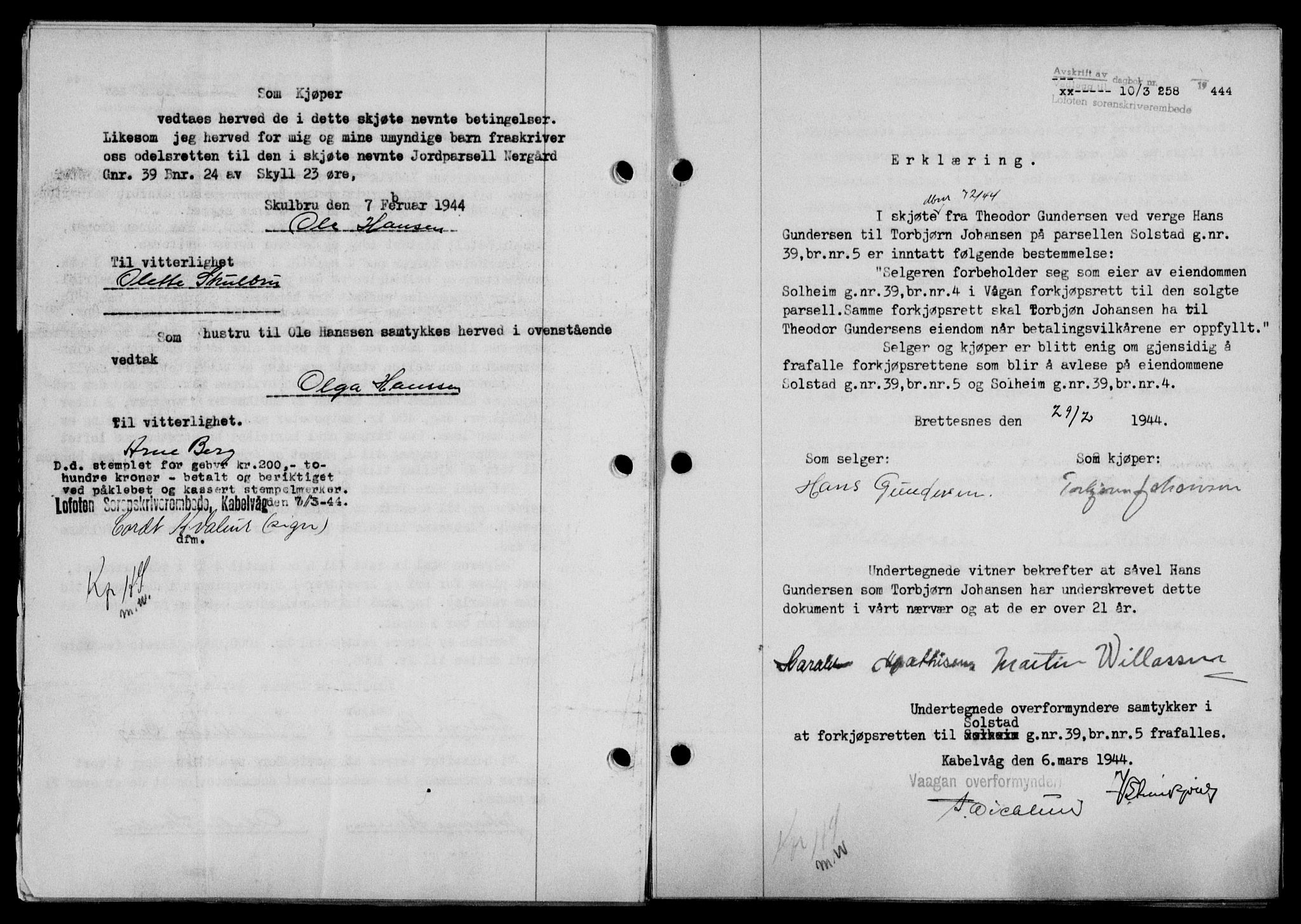 Lofoten sorenskriveri, SAT/A-0017/1/2/2C/L0012a: Mortgage book no. 12a, 1943-1944, Diary no: : 258/1944