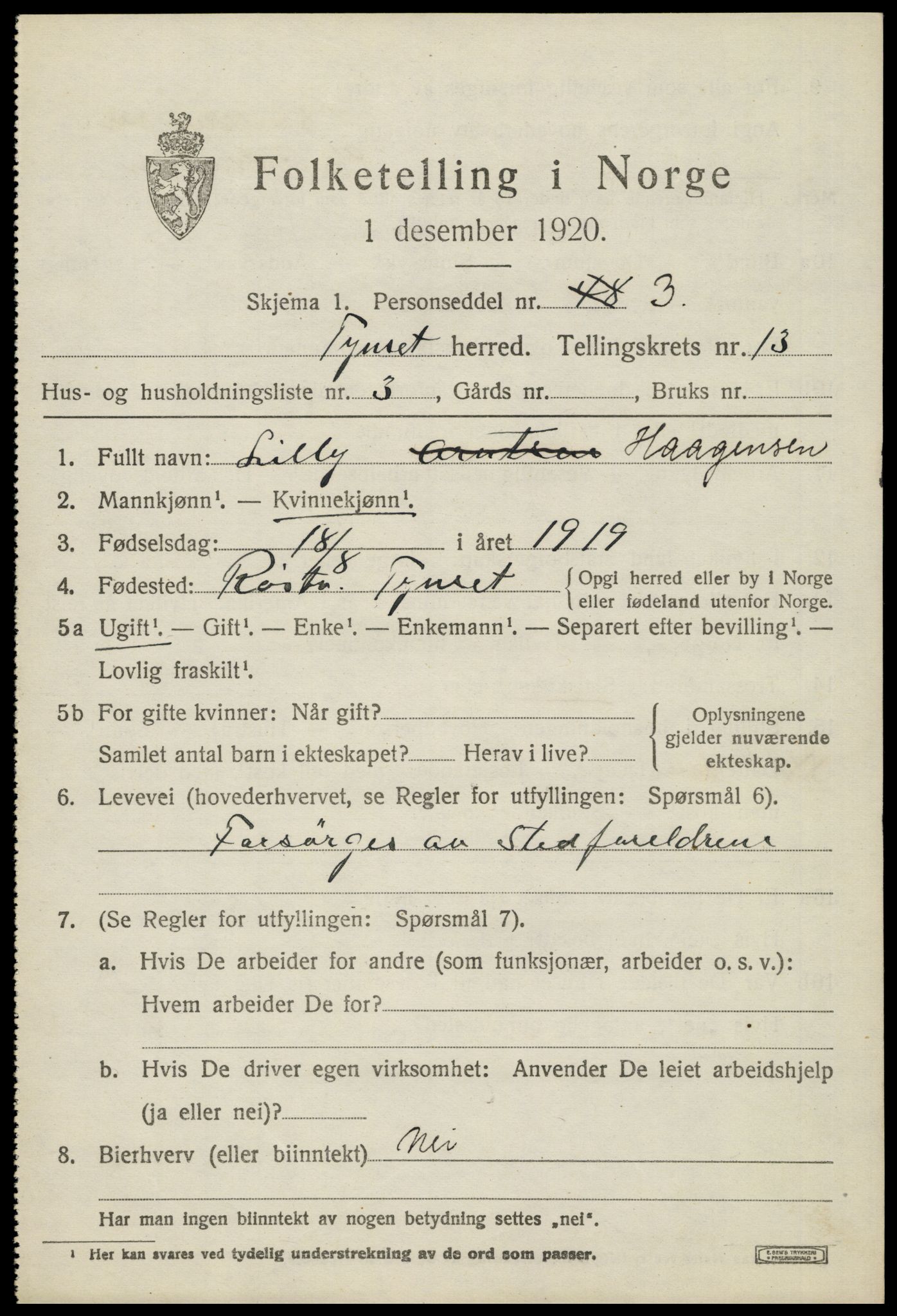 SAH, 1920 census for Tynset, 1920, p. 8592