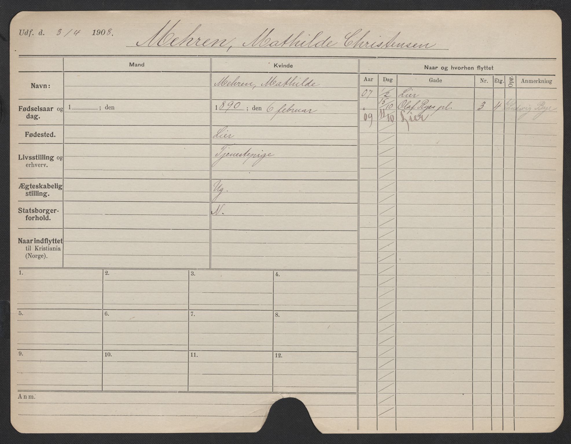 Oslo folkeregister, Registerkort, AV/SAO-A-11715/F/Fa/Fac/L0020: Kvinner, 1906-1914, p. 824a