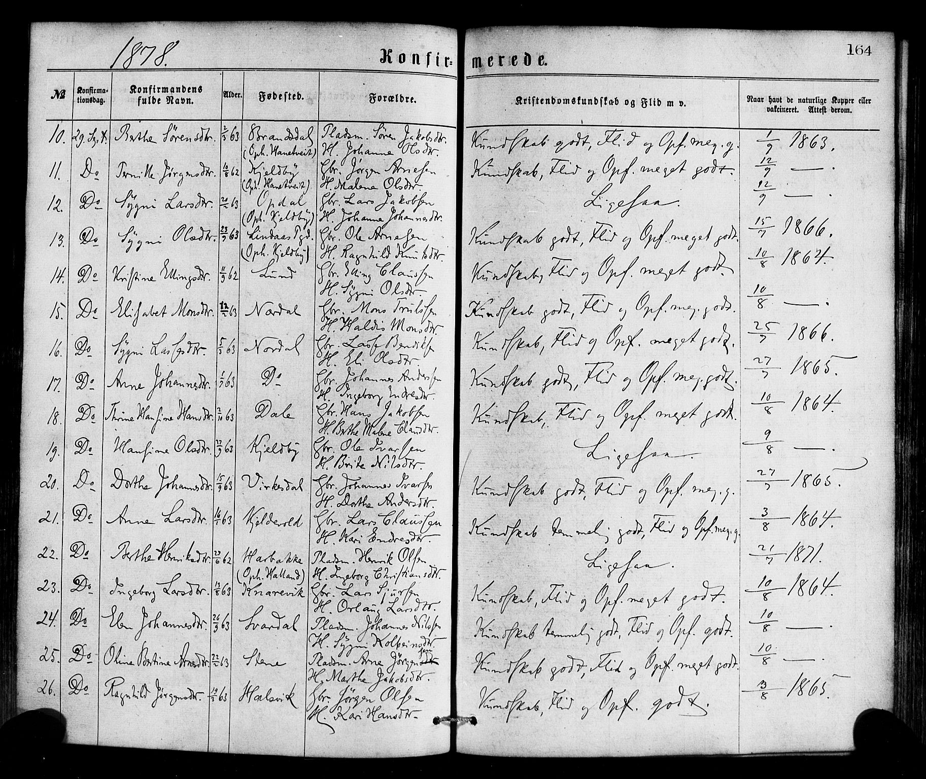 Gulen sokneprestembete, SAB/A-80201/H/Haa/Haaa/L0023: Parish register (official) no. A 23, 1870-1880, p. 164
