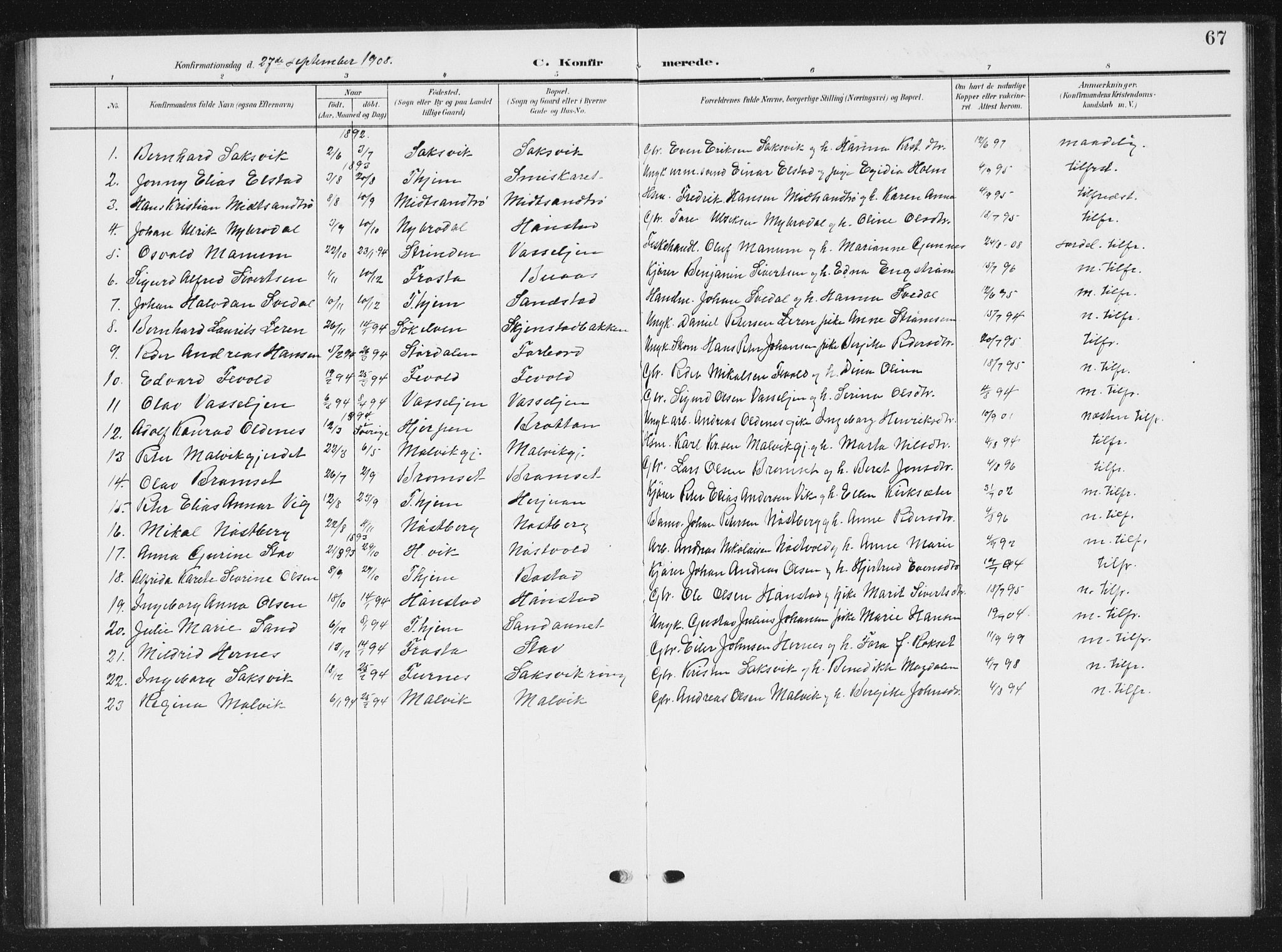 Ministerialprotokoller, klokkerbøker og fødselsregistre - Sør-Trøndelag, SAT/A-1456/616/L0424: Parish register (copy) no. 616C07, 1904-1940, p. 67