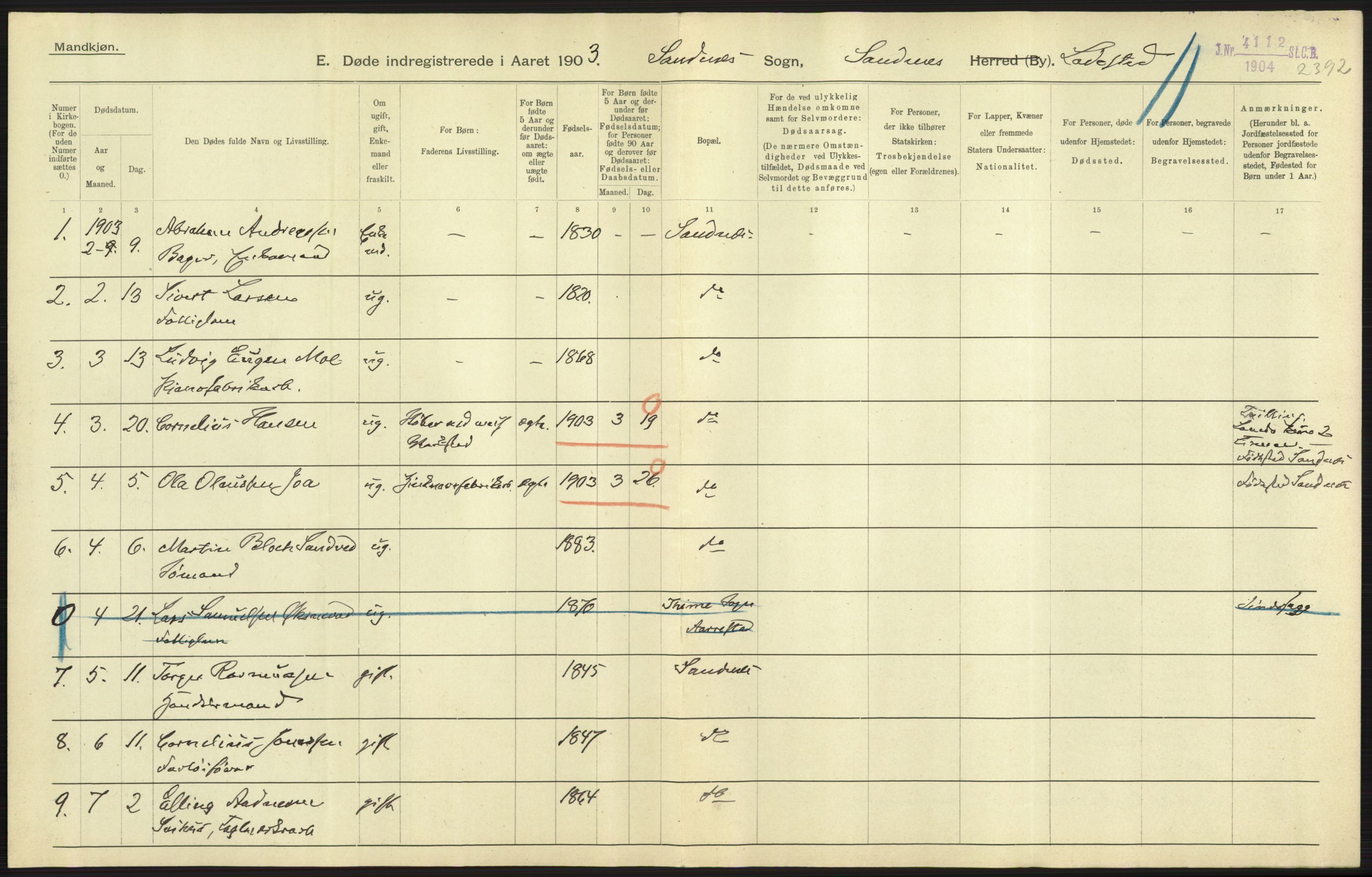 Statistisk sentralbyrå, Sosiodemografiske emner, Befolkning, AV/RA-S-2228/D/Df/Dfa/Dfaa/L0012: Stavanger amt: Fødte, gifte, døde, 1903, p. 827