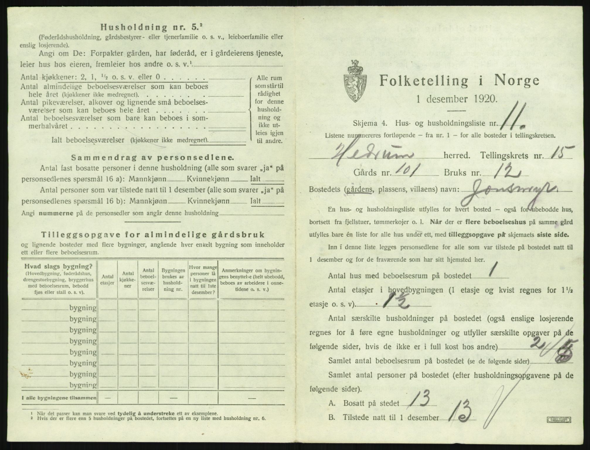 SAKO, 1920 census for Hedrum, 1920, p. 1433