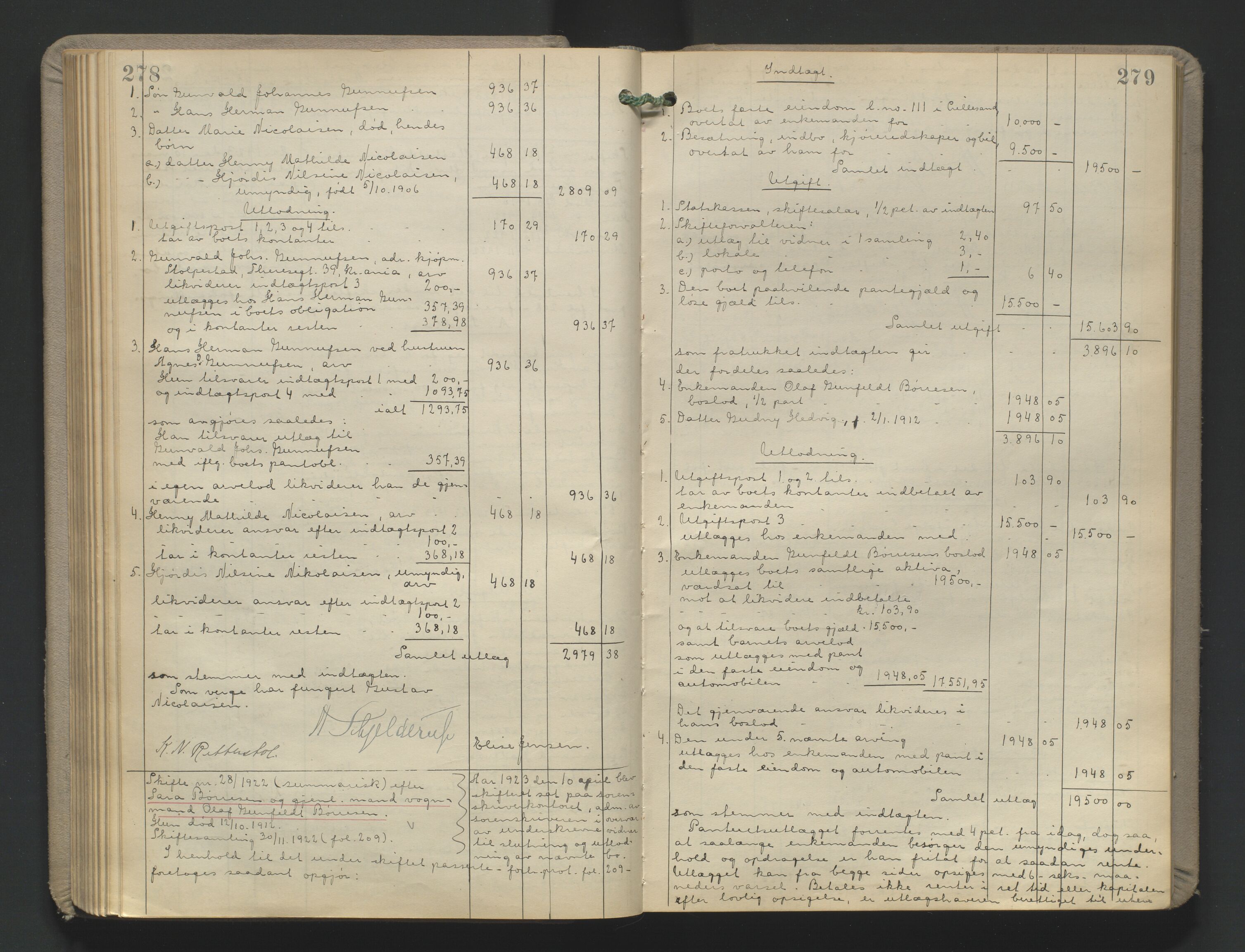 Vestre Nedenes/Sand sorenskriveri, AV/SAK-1221-0010/H/Hc/L0022: Skifteutlodningsprotokoll nr. 9, 1919-1932, p. 278-279