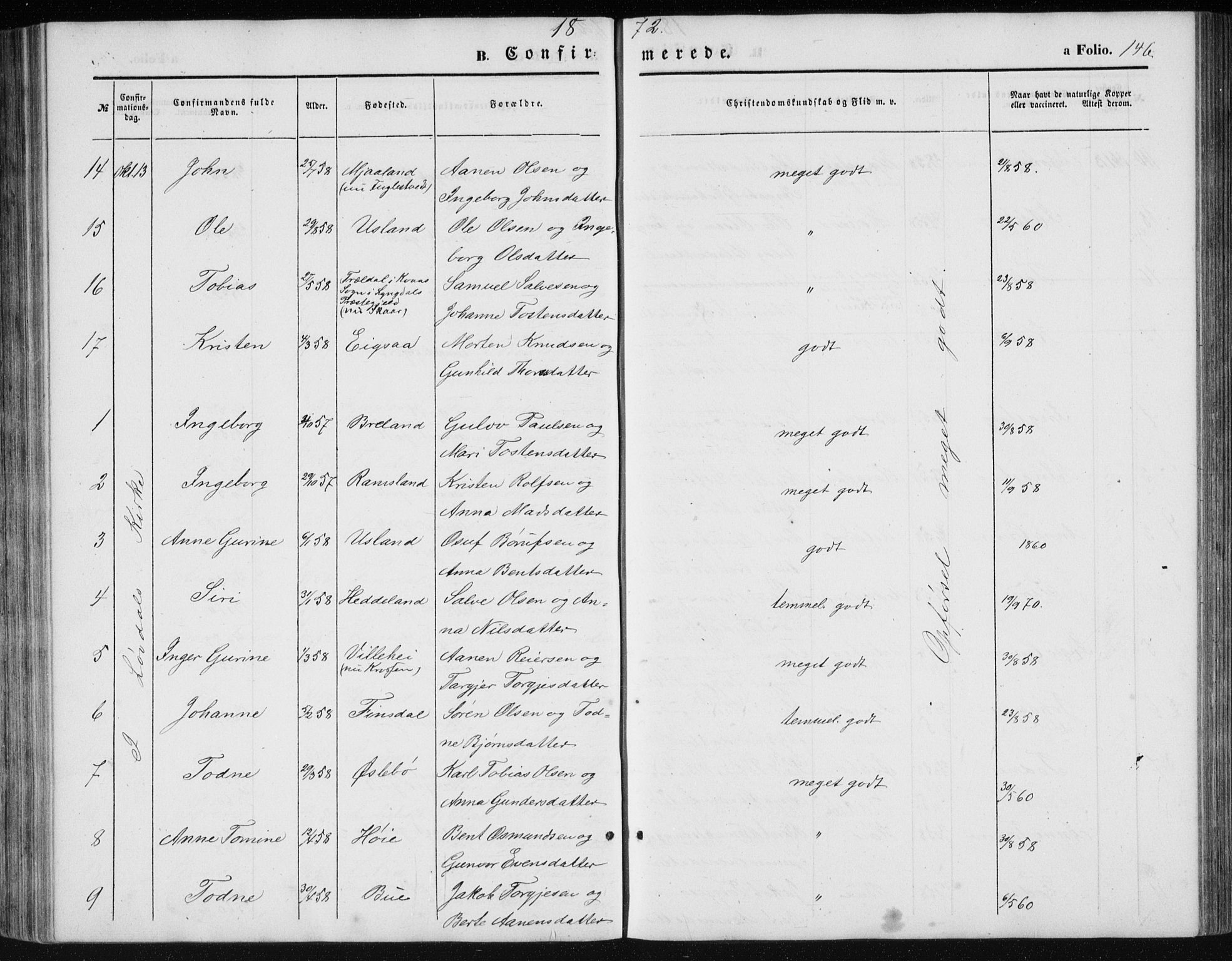 Holum sokneprestkontor, AV/SAK-1111-0022/F/Fb/Fbc/L0002: Parish register (copy) no. B 2, 1860-1882, p. 146