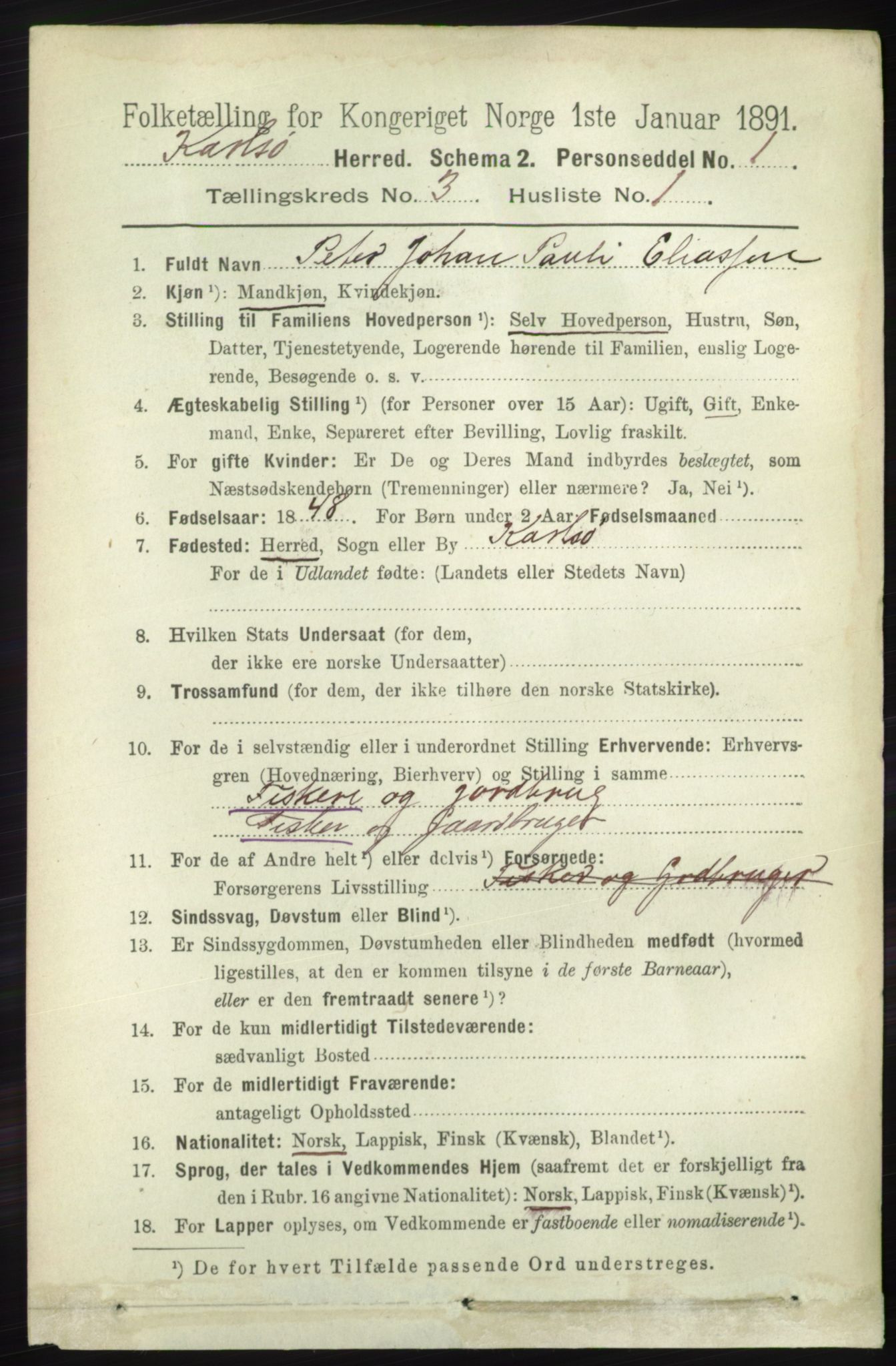 RA, 1891 census for 1936 Karlsøy, 1891, p. 607