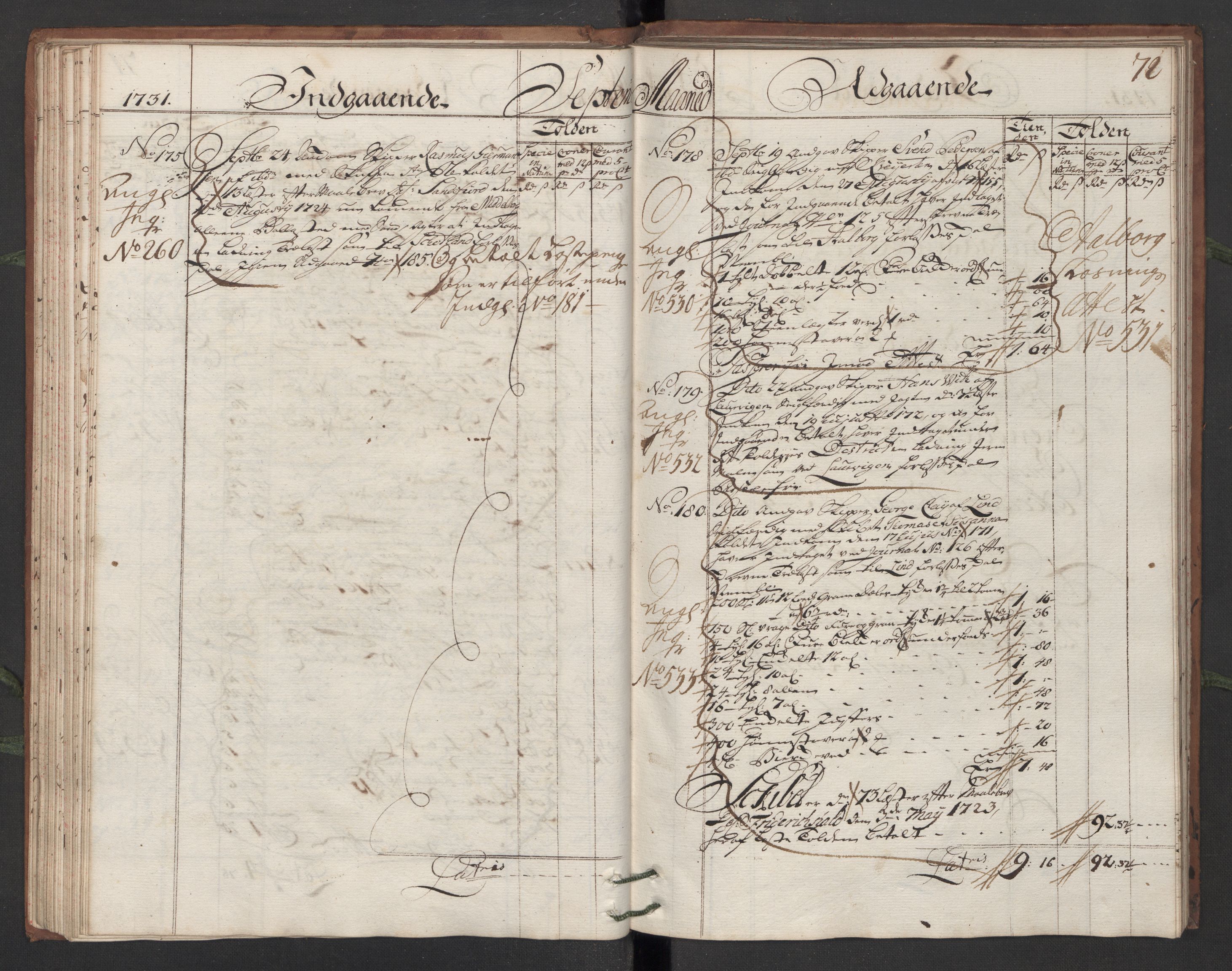 Generaltollkammeret, tollregnskaper, AV/RA-EA-5490/R13/L0006/0001: Tollregnskaper Kragerø / Hovedtollbok, 1731, p. 71b-72a