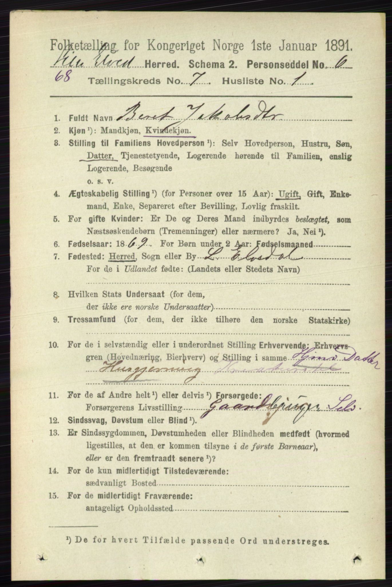 RA, 1891 census for 0438 Lille Elvedalen, 1891, p. 2275