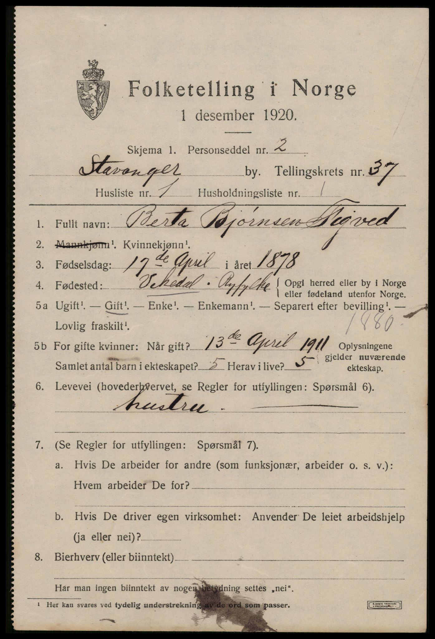 SAST, 1920 census for Stavanger, 1920, p. 97258