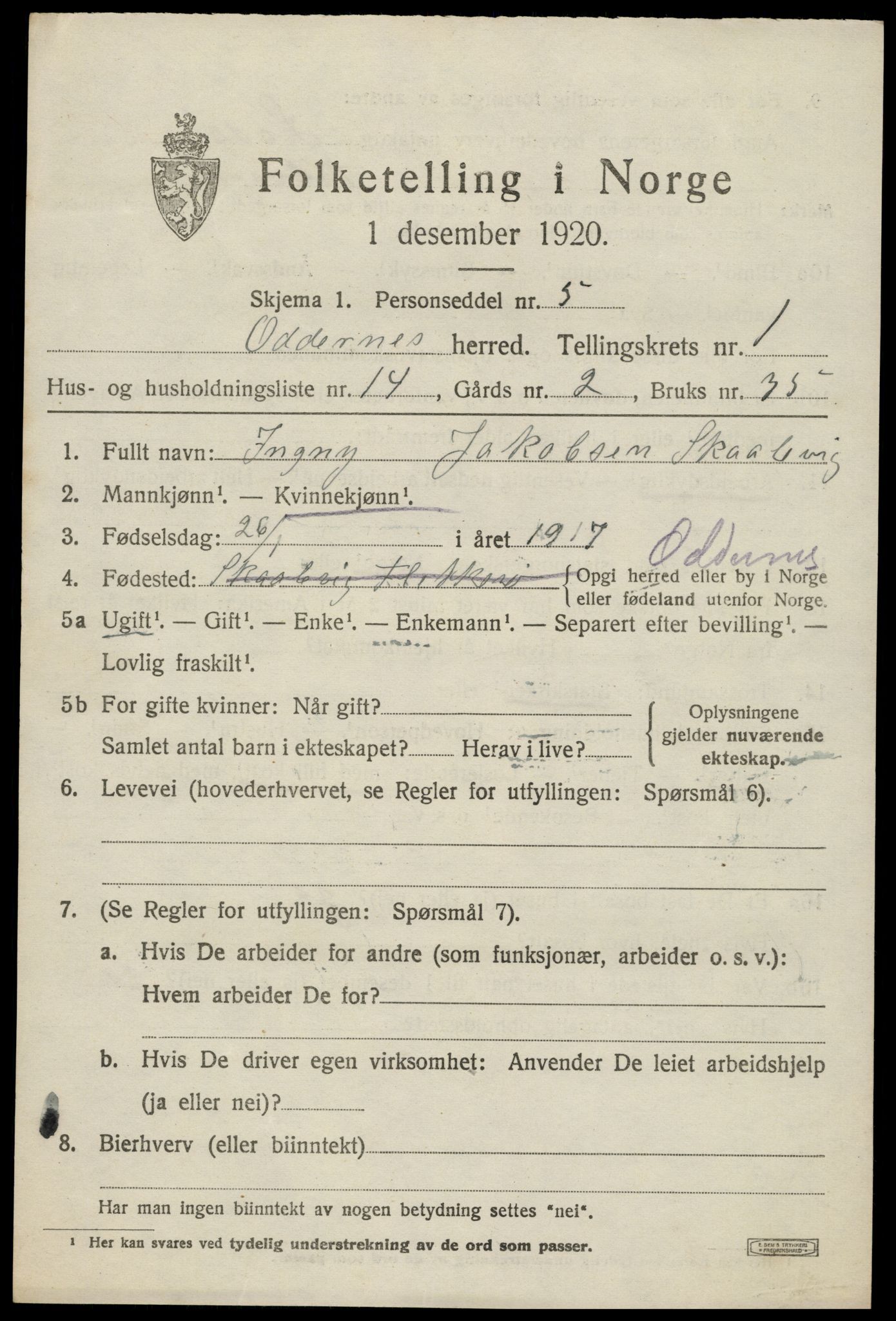 SAK, 1920 census for Oddernes, 1920, p. 2185