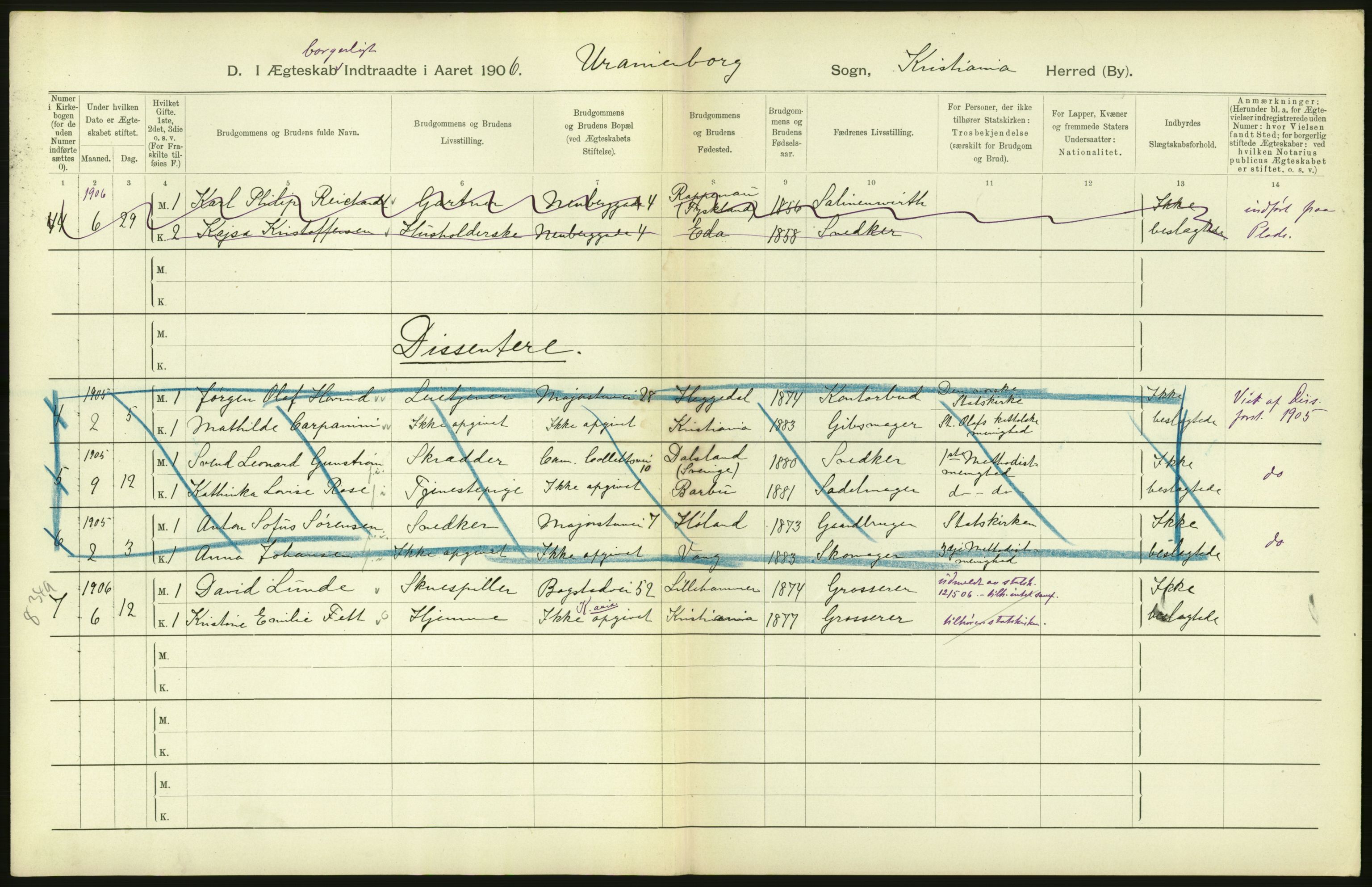 Statistisk sentralbyrå, Sosiodemografiske emner, Befolkning, AV/RA-S-2228/D/Df/Dfa/Dfad/L0008: Kristiania: Gifte, 1906, p. 488
