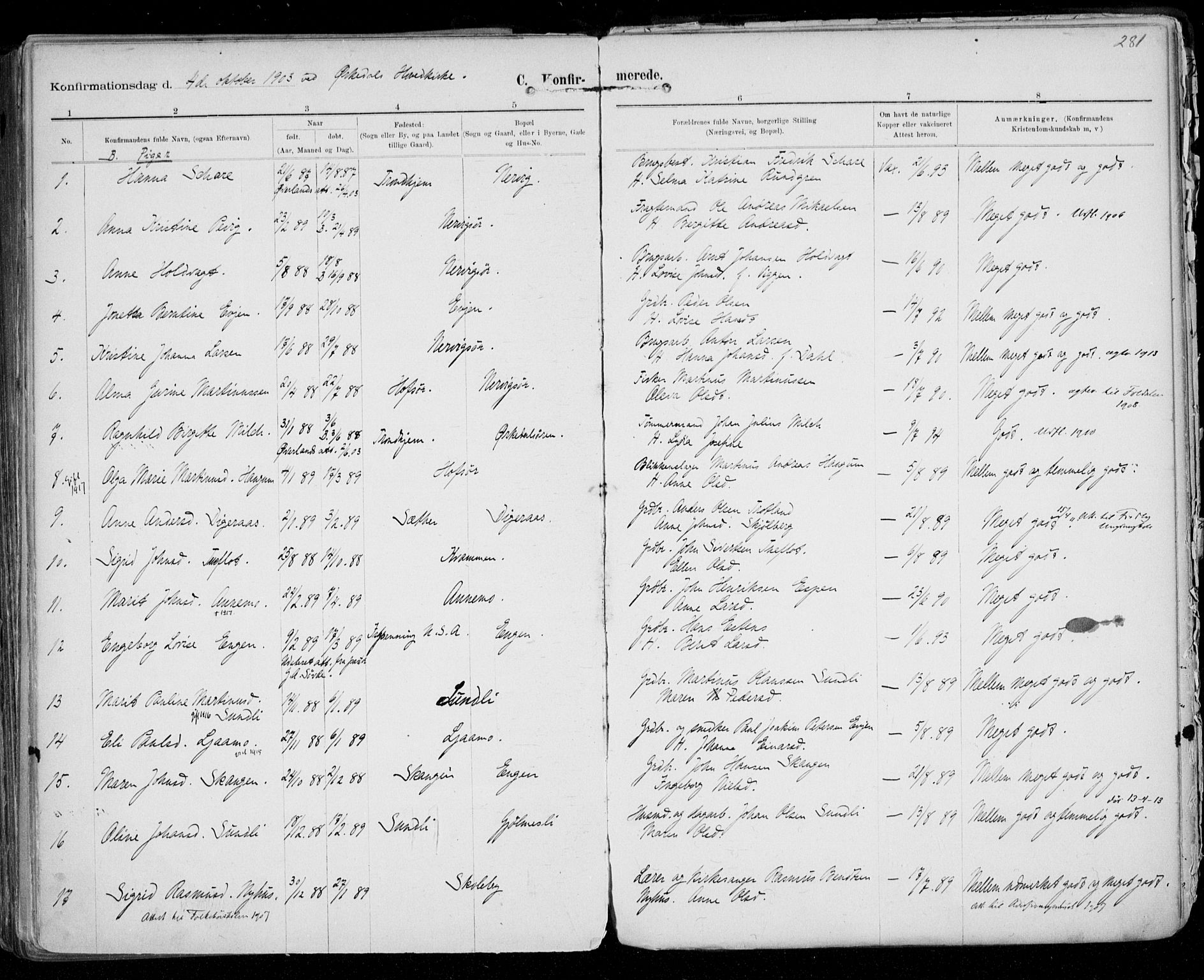 Ministerialprotokoller, klokkerbøker og fødselsregistre - Sør-Trøndelag, AV/SAT-A-1456/668/L0811: Parish register (official) no. 668A11, 1894-1913, p. 281